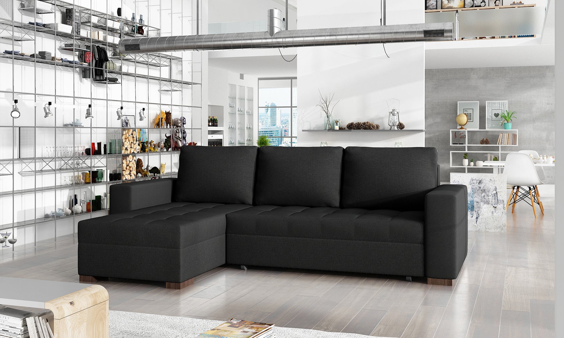 Czarny narożnik z funkcją spania Newark wykonany w trwałej tkaninie Sawana 14 prezentujący minimalistyczną formę oraz pikowane siedzisko. Designerski mebel wypoczynkowy do nowoczesnych i industrialnych wnętrz.