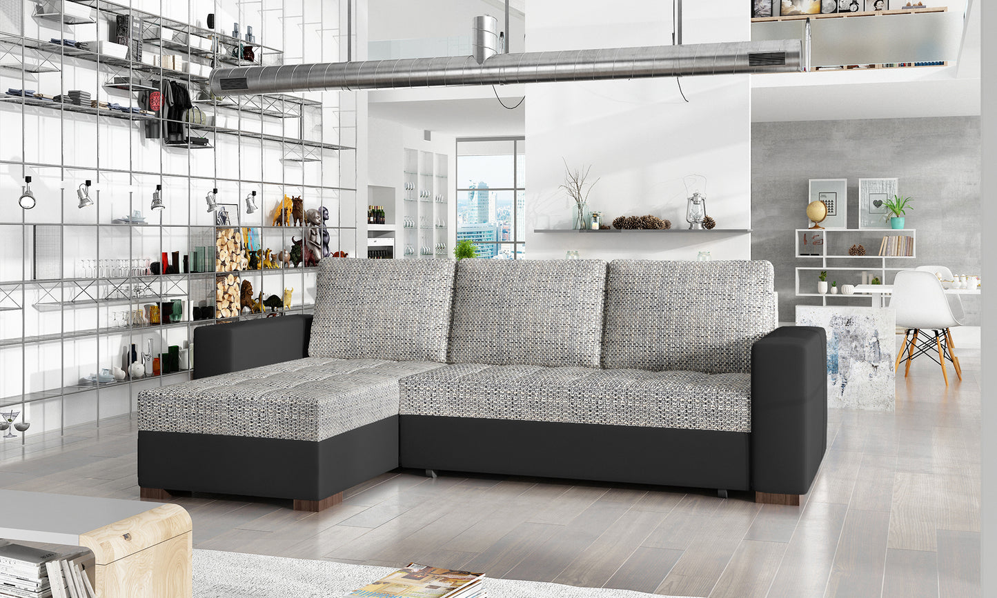 Uniwersalny narożnik z funkcją spania Newark wykonany w tkaninie Berlin 01 i Soft 11 prezentujący minimalistyczną formę oraz pikowane siedzisko. Designerski mebel wypoczynkowy do nowoczesnych i industrialnych wnętrz.
