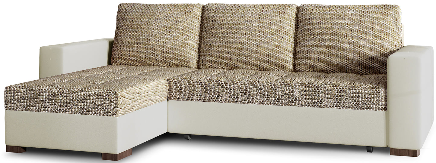 Uniwersalny narożnik z funkcją spania Newark wykonany w tkaninie Berlin 03 i Soft 33 prezentujący minimalistyczną formę oraz pikowane siedzisko. Designerski mebel wypoczynkowy do eleganckich i przytulnych wnętrz.