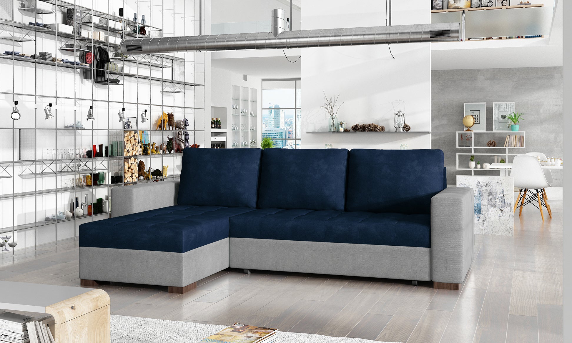 Uniwersalny narożnik z funkcją spania Newark wykonany w tkaninie Kronos 9 i Paros 5 prezentujący minimalistyczną formę oraz pikowane siedzisko. Designerski mebel wypoczynkowy do nowoczesnych i industrialnych wnętrz.