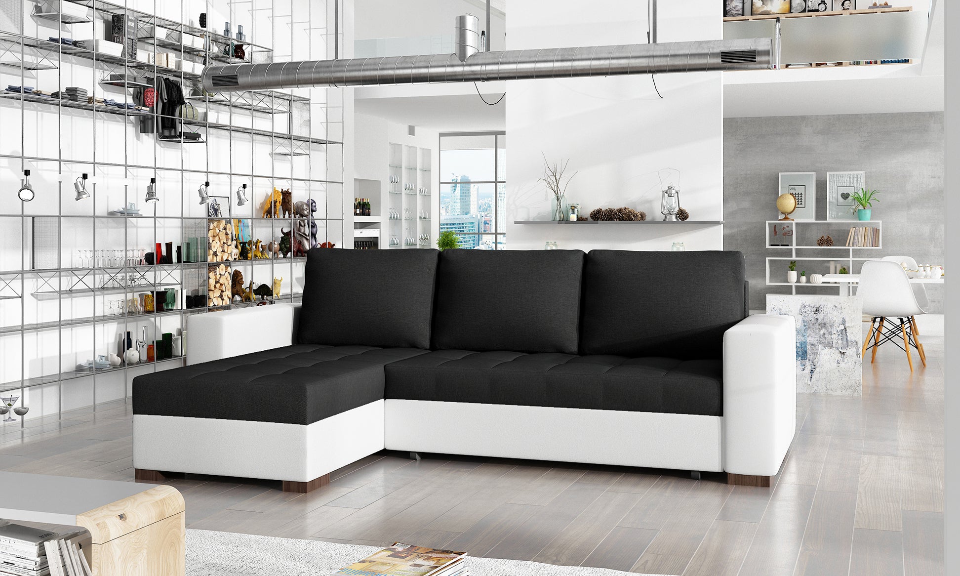 Uniwersalny narożnik z funkcją spania Newark wykonany w tkaninie Sawana 14 i Soft 17 prezentujący minimalistyczną formę oraz pikowane siedzisko. Designerski mebel wypoczynkowy do nowoczesnych i kontrastowych wnętrz.
