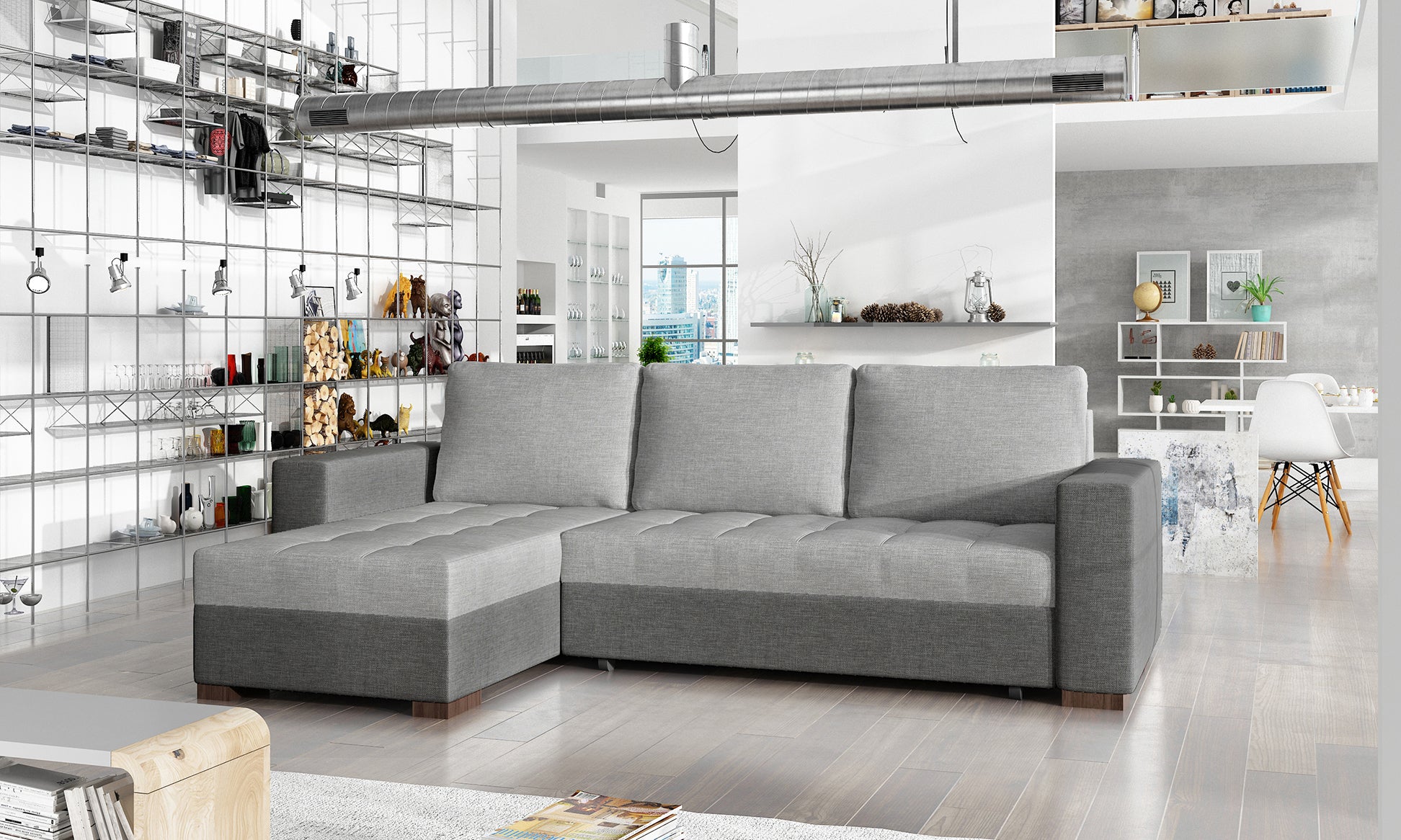 Uniwersalny narożnik z funkcją spania Newark wykonany w tkaninie Sawana 21 i Sawana 05 prezentujący minimalistyczną formę oraz pikowane siedzisko. Designerski mebel wypoczynkowy do industrialnych i modernistycznych wnętrz.