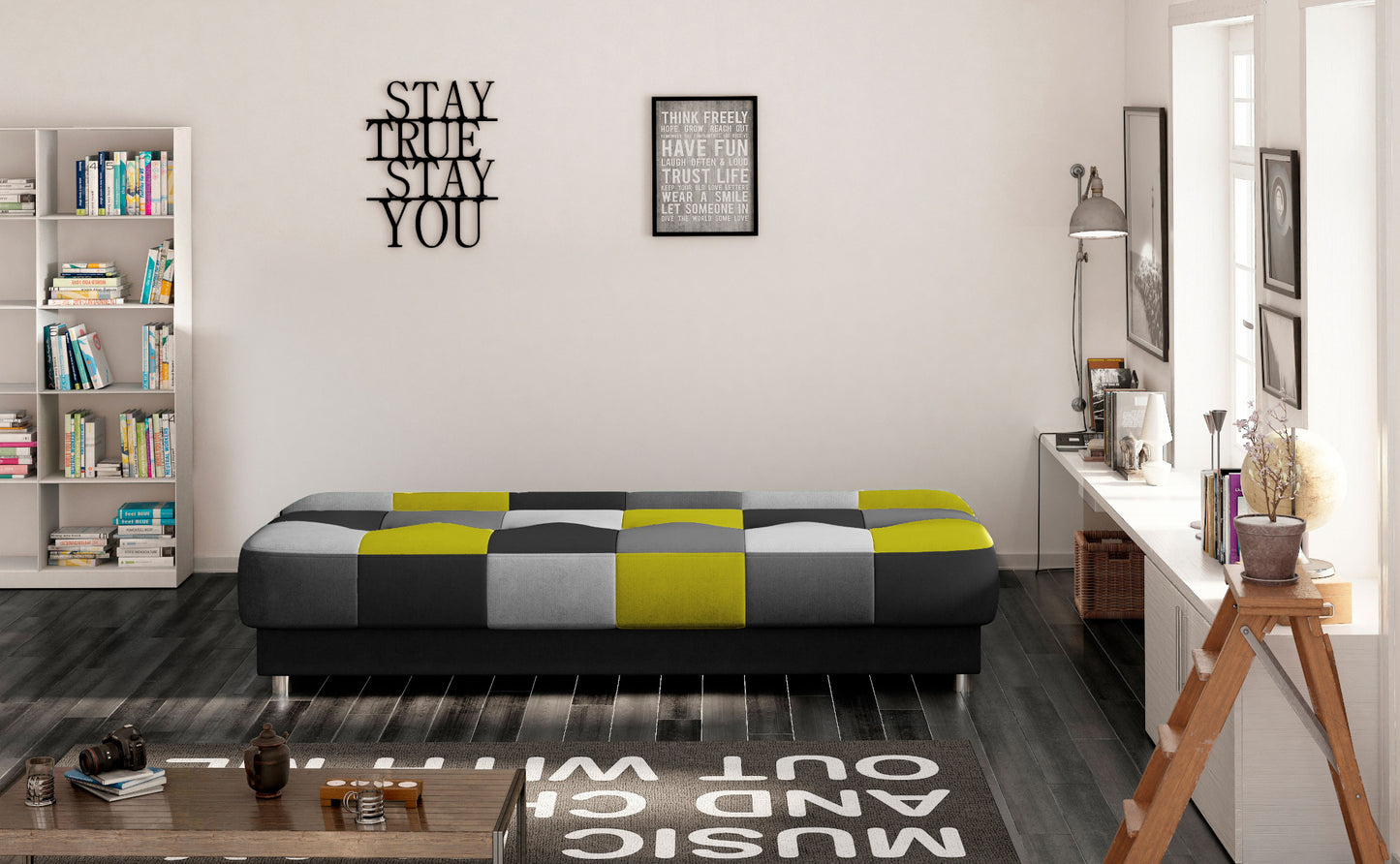 Rozłożona sofa w szaro-czarno-limonkową kratkę w nowoczesnym salonie. Stylowe wnętrze z biblioteczką, drewnianą podłogą i industrialnymi dekoracjami.