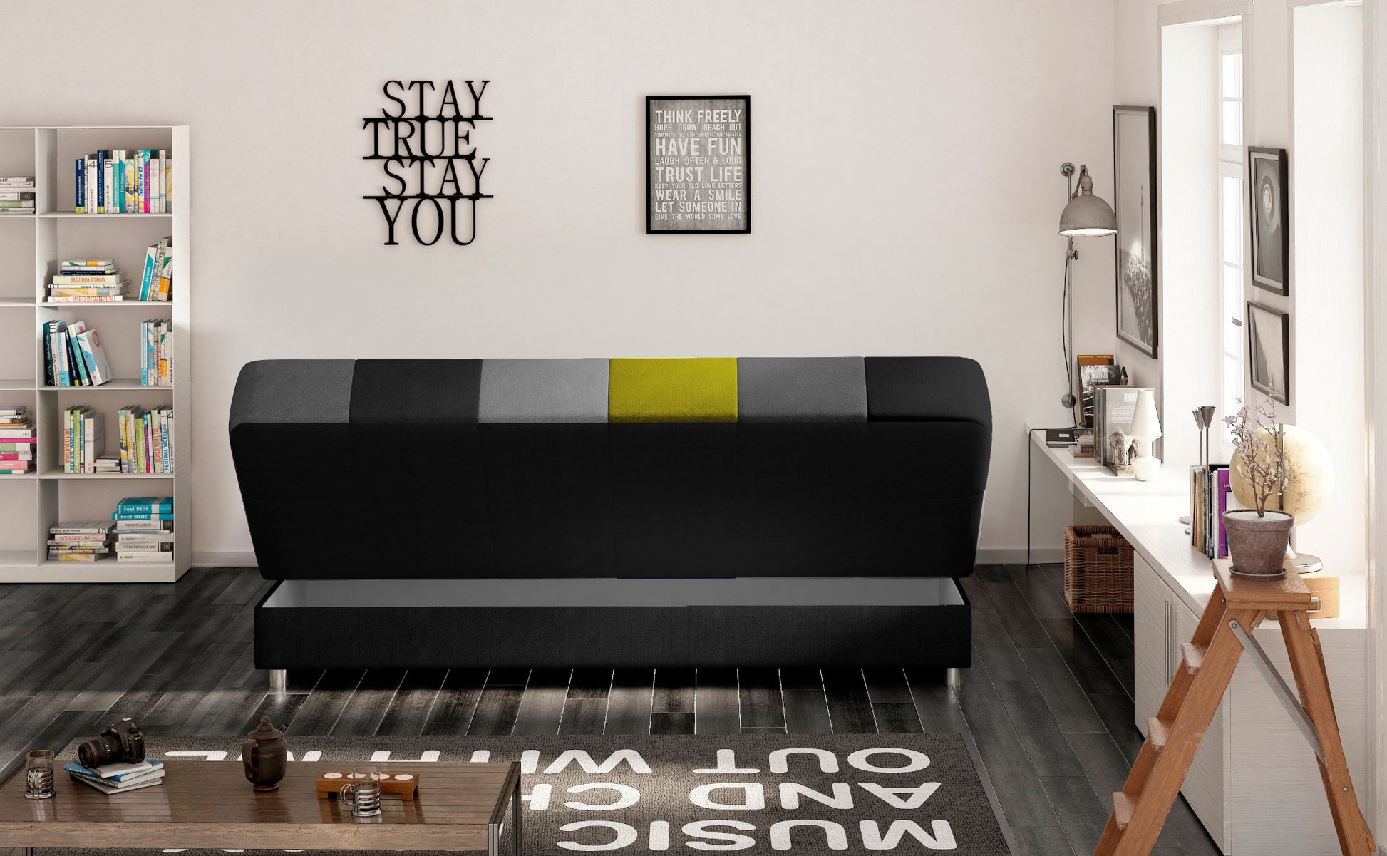 Tył rozkładanej sofy w szaro-czarno-limonkową kratkę. Nowoczesne wnętrze z biblioteczką, dekoracjami i drewnianą podłogą w industrialnym stylu.