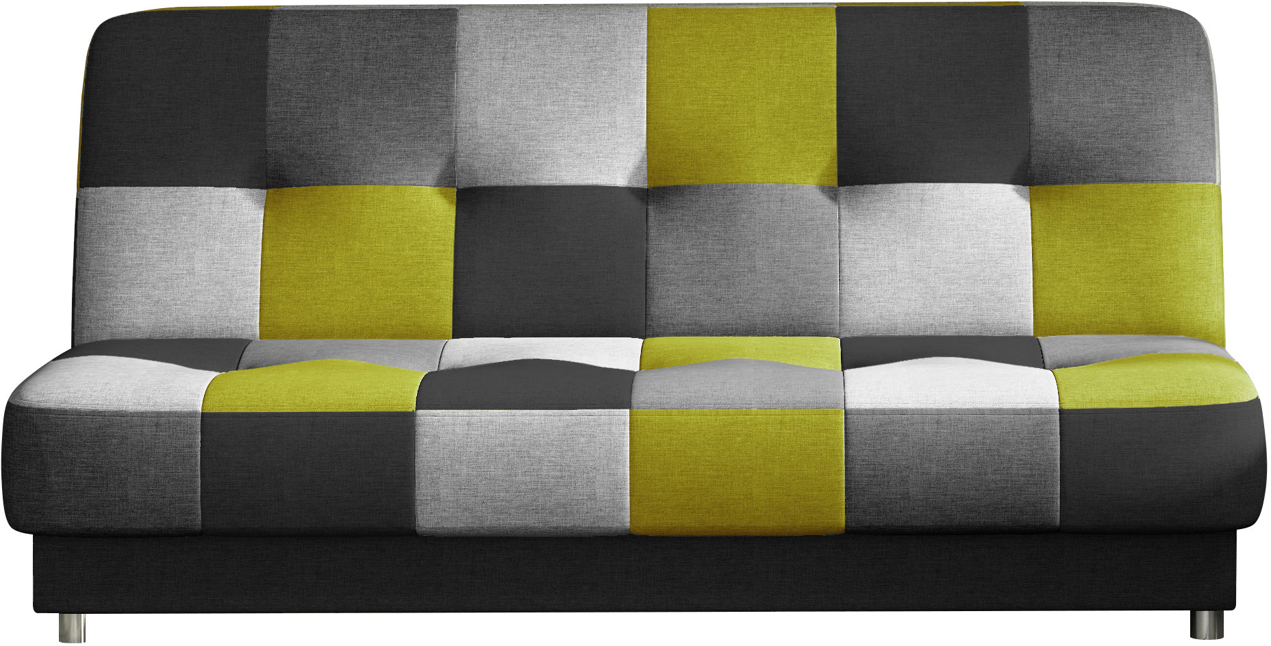 Nowoczesna sofa w szaro-czarno-limonkową kratkę, tapicerowana tkaniną. Stylowy mebel do salonu lub pokoju młodzieżowego, z metalowymi nogami.