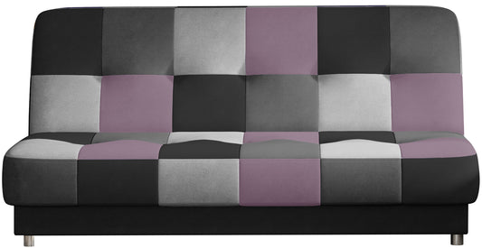 Nowoczesna sofa w szaro-czarno-fioletową kratkę, tapicerowana tkaniną. Stylowy mebel do salonu lub pokoju młodzieżowego, z metalowymi nogami.