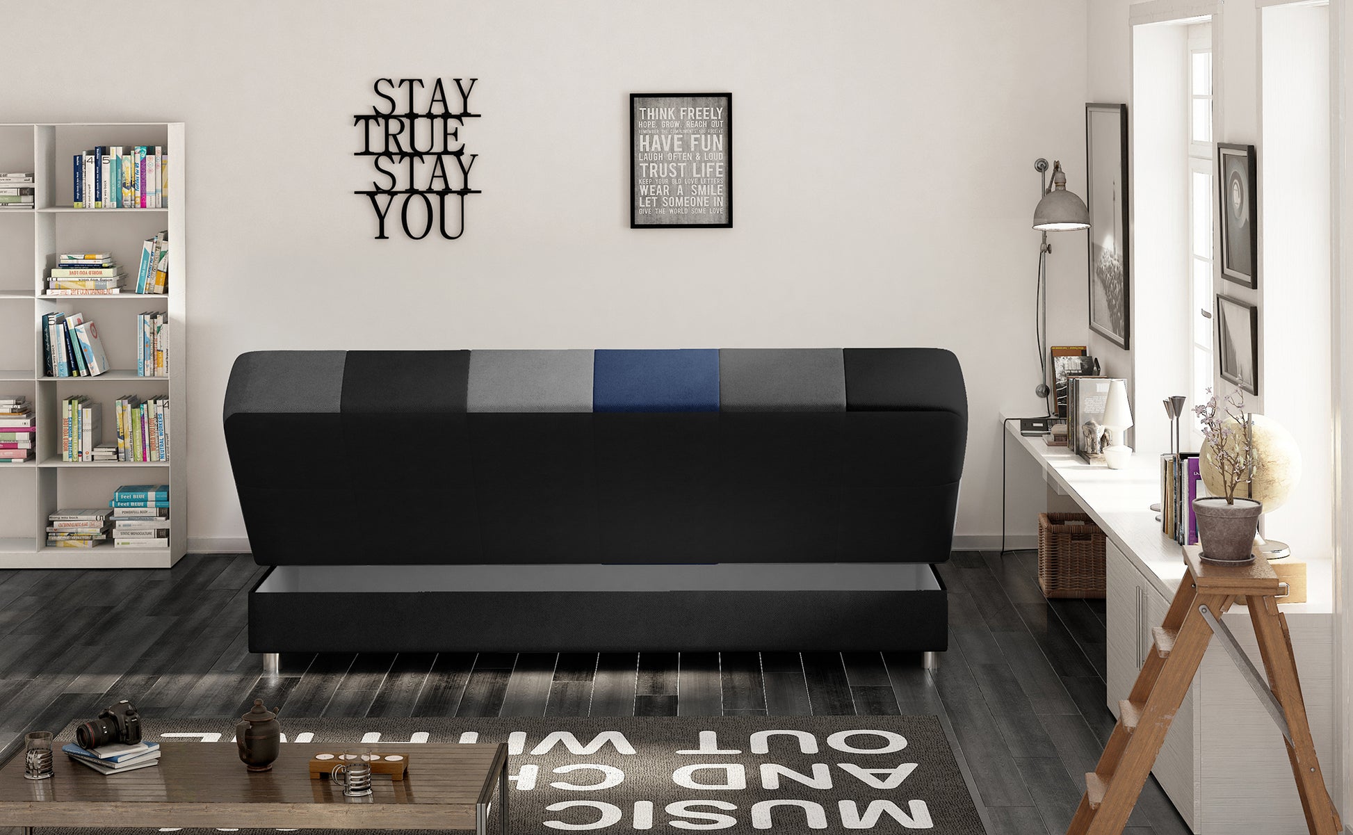 Tył rozkładanej sofy w szaro-czarno-granatową kratkę. Nowoczesne wnętrze z biblioteczką, drewnianą podłogą i minimalistycznymi dekoracjami.