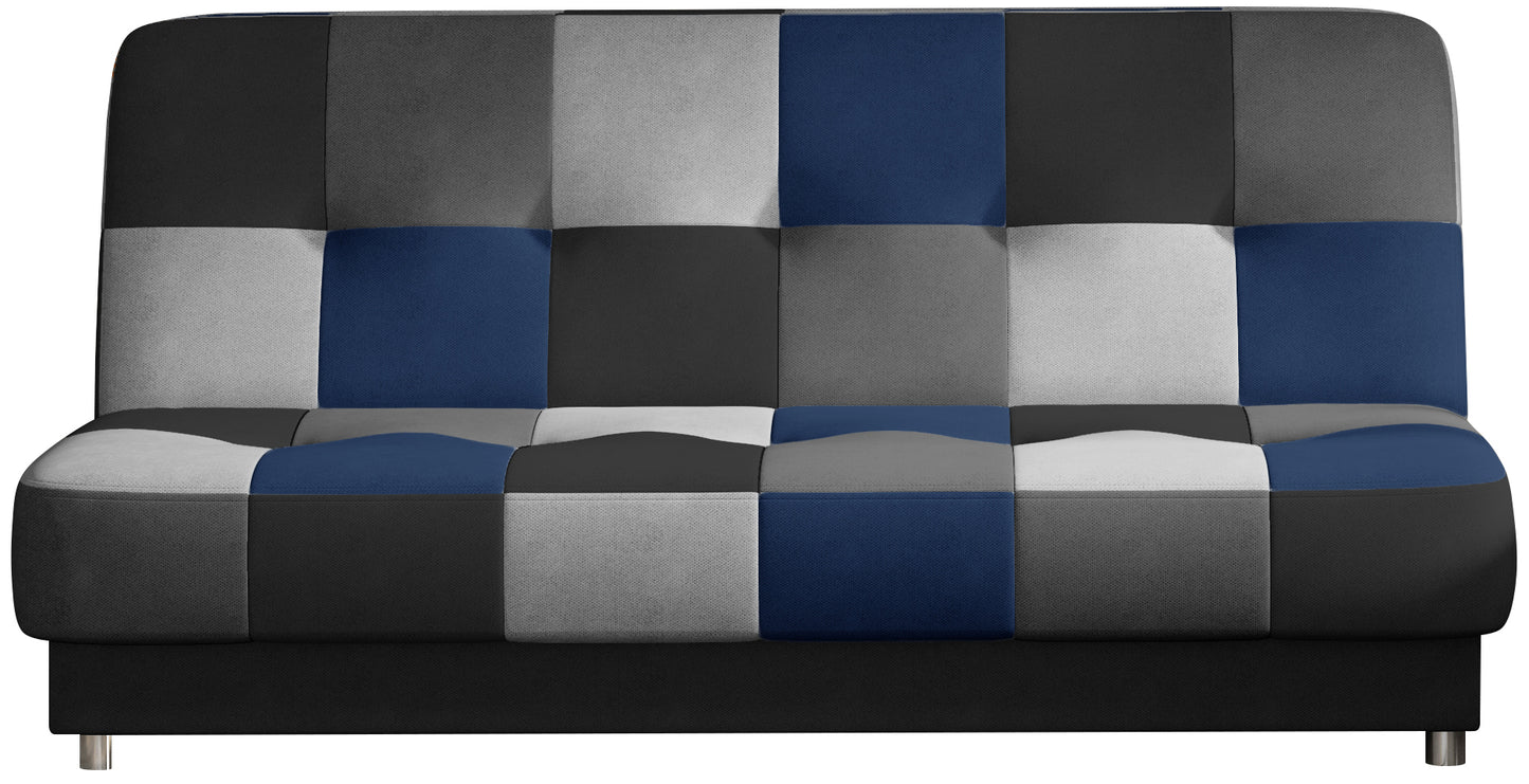 Nowoczesna sofa w szaro-czarno-granatową kratkę, tapicerowana tkaniną. Stylowy mebel do salonu lub pokoju młodzieżowego, z metalowymi nogami.