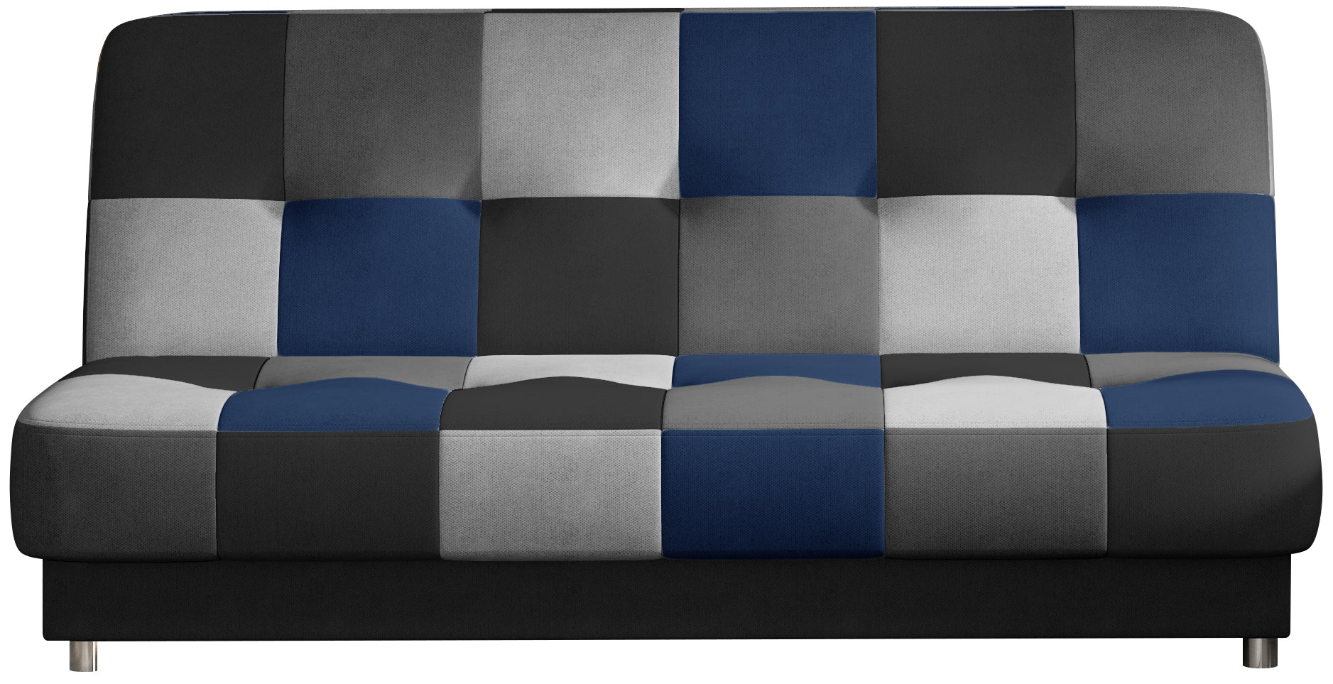 Nowoczesna sofa w szaro-czarno-granatową kratkę, tapicerowana tkaniną. Stylowy mebel do salonu lub pokoju młodzieżowego, z metalowymi nogami.