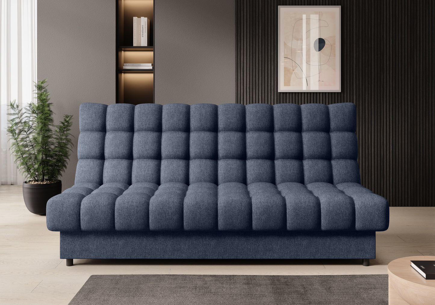 Wersalka Clareta w tkaninie Paolli 40 niebieski, nowoczesna sofa z pikowaniem, idealna do salonu w stylu minimalistycznym i eleganckim.