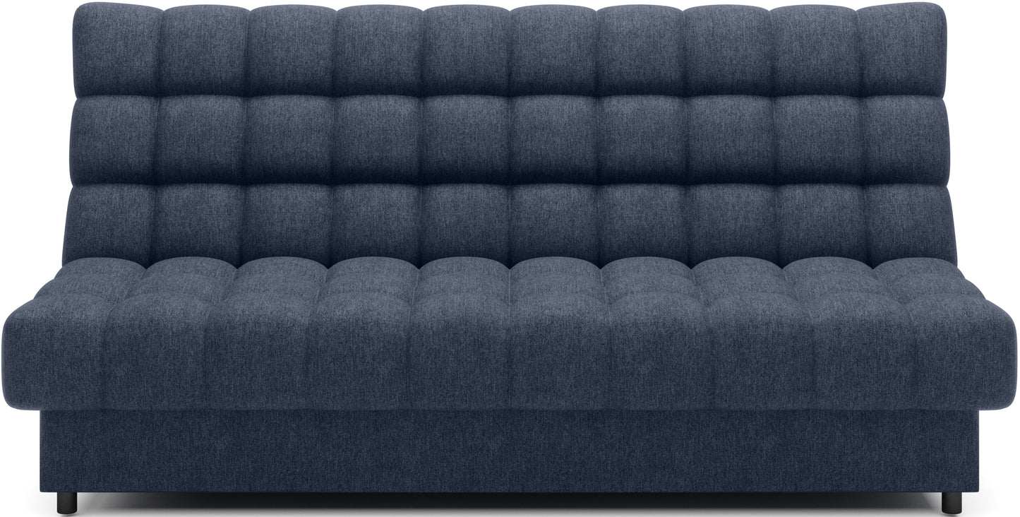 Wersalka Clareta w tkaninie Paolli 40 niebieski, z pikowanym oparciem, nowoczesna sofa do salonu w modnym i eleganckim odcieniu granatu.
