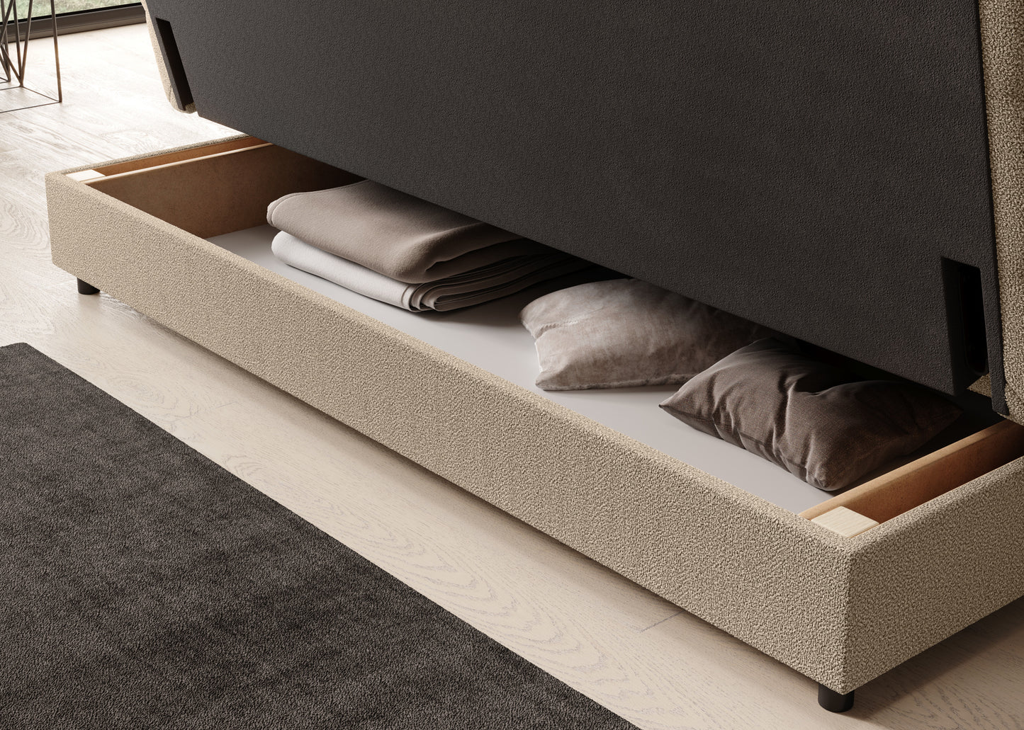 Pojemny schowek na pościel w wersalce Clareta, tkanina Xillar 18 beżowy, praktyczne rozwiązanie do przechowywania w nowoczesnym wnętrzu.