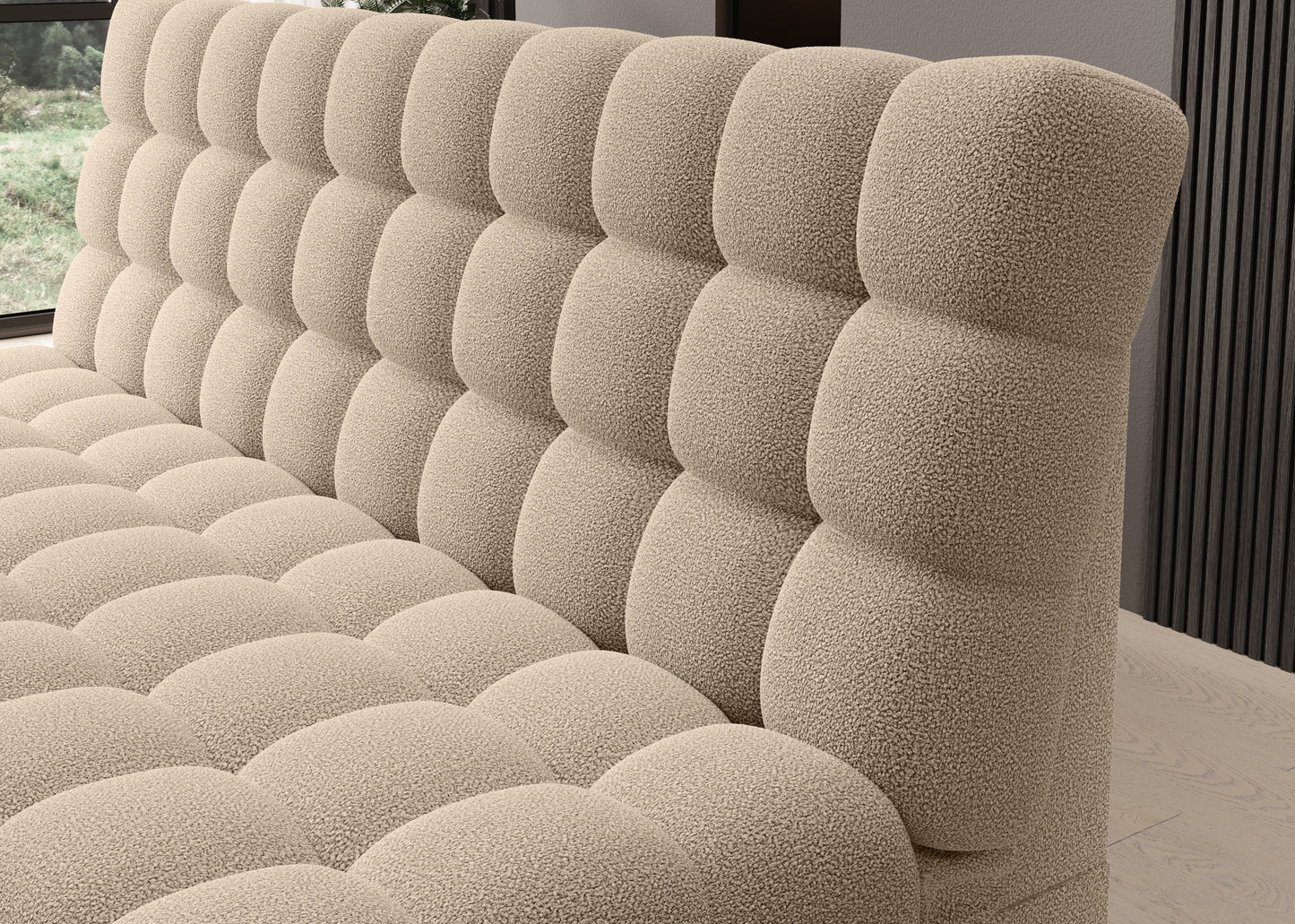 Zbliżenie na pikowane oparcie wersalki Clareta w tkaninie Xillar 18 beżowy, podkreślające miękkość i nowoczesne wykończenie mebla.