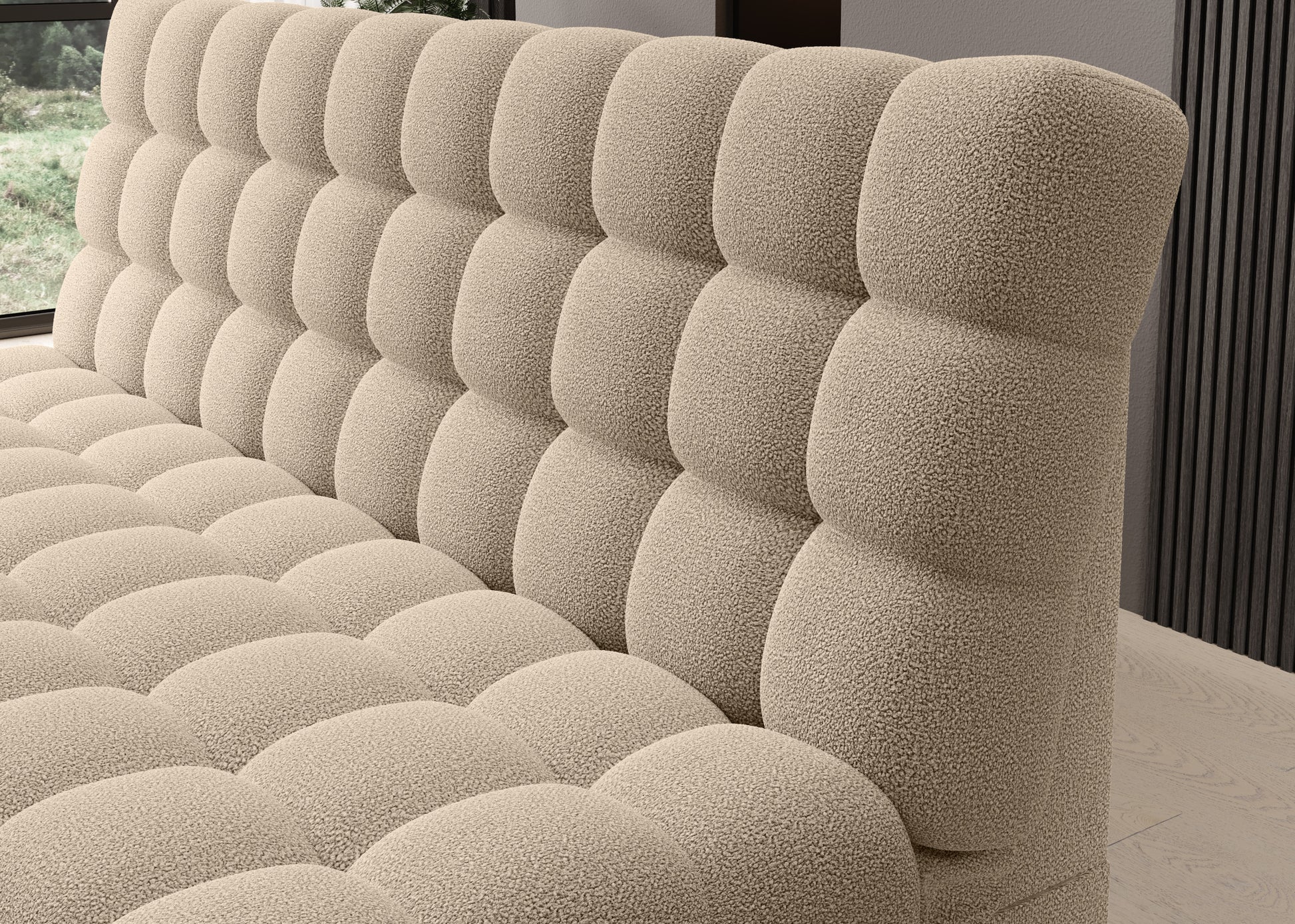 Zbliżenie na pikowane oparcie wersalki Clareta w tkaninie Xillar 18 beżowy, podkreślające miękkość i nowoczesne wykończenie mebla.