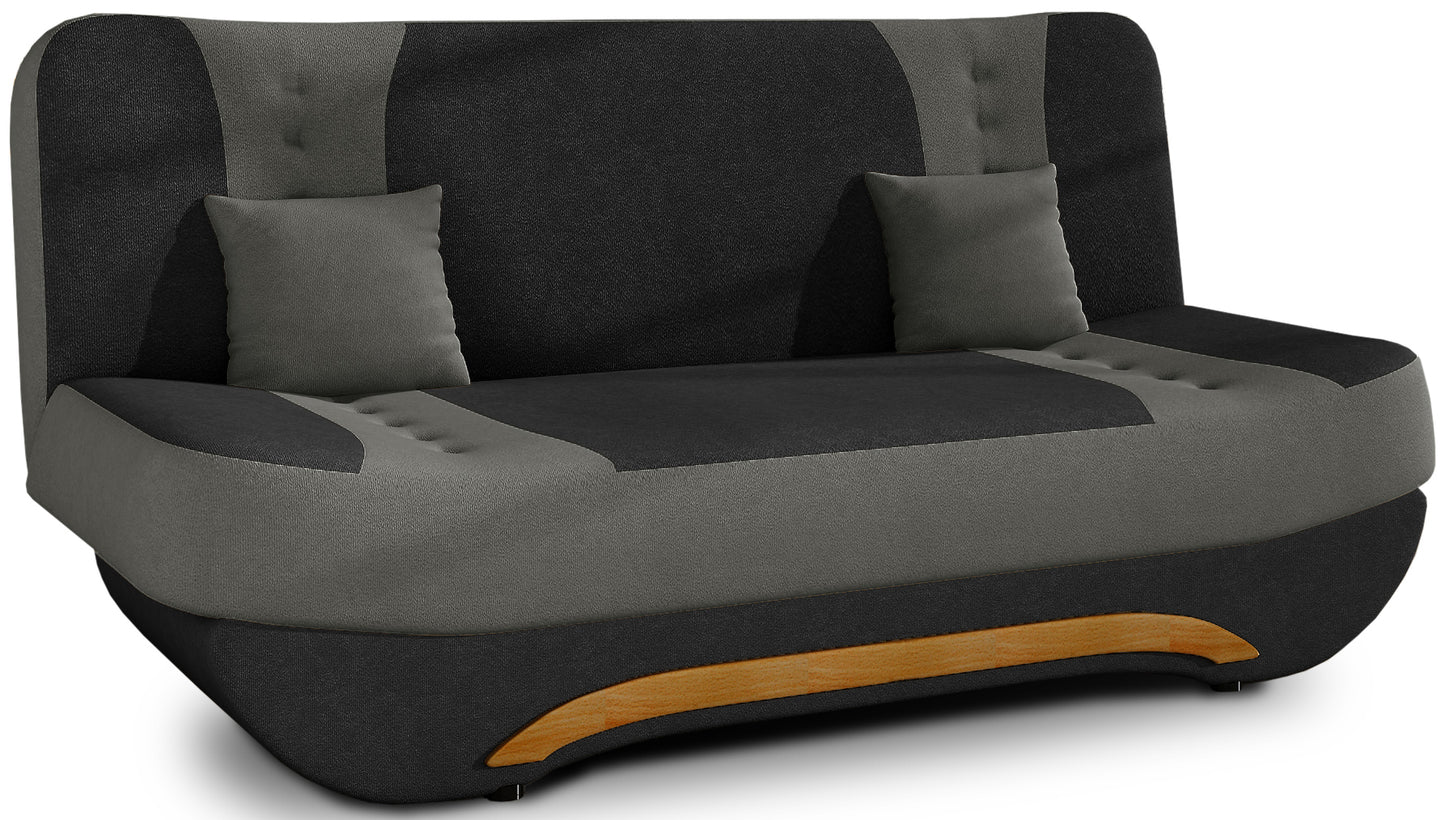 Wersalka Ewa II – ujęcie perspektywiczne, czarna tapicerka Alova 04 z szarymi wstawkami Alova 10, listwa dekoracyjna