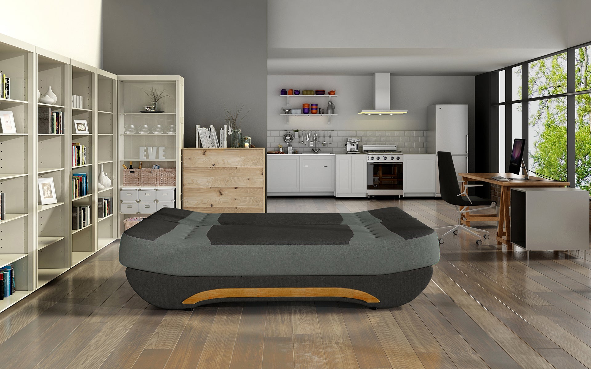 Wersalka Ewa II rozłożona – funkcja spania, tkanina Alova 04 czarny z szarymi wstawkami Alova 10