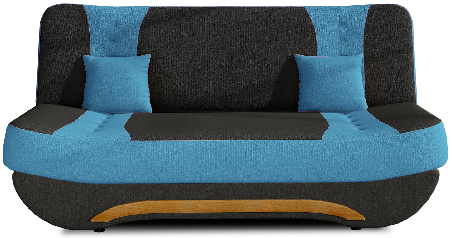 Wersalka Ewa II – ujęcie frontowe, tkanina Alova 04 czarna z niebieskimi wstawkami Alova 29