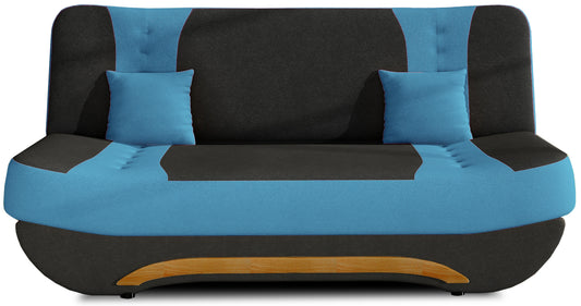 Wersalka Ewa II – ujęcie frontowe, tkanina Alova 04 czarna z niebieskimi wstawkami Alova 29