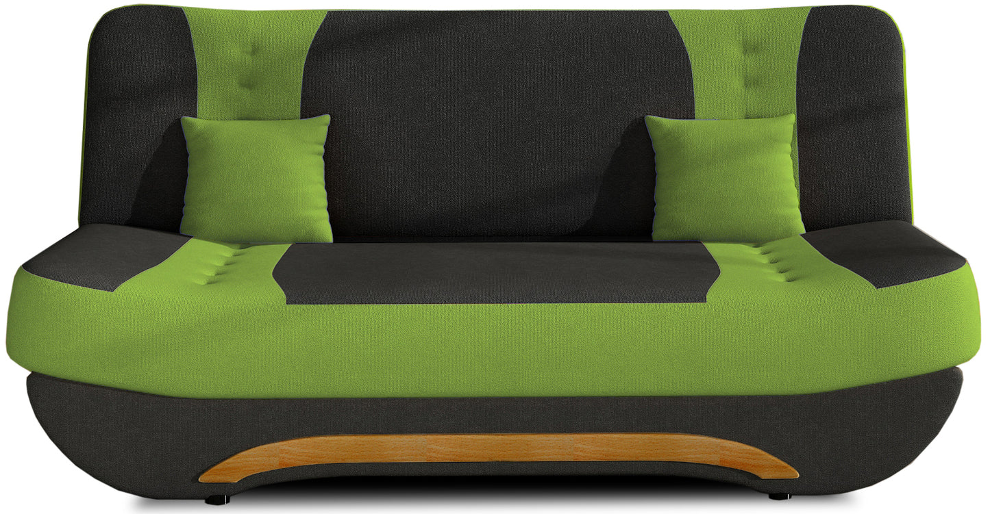 Wersalka Ewa II – ujęcie frontowe, tkanina Alova 04 czarna z zielonymi wstawkami Alova 42