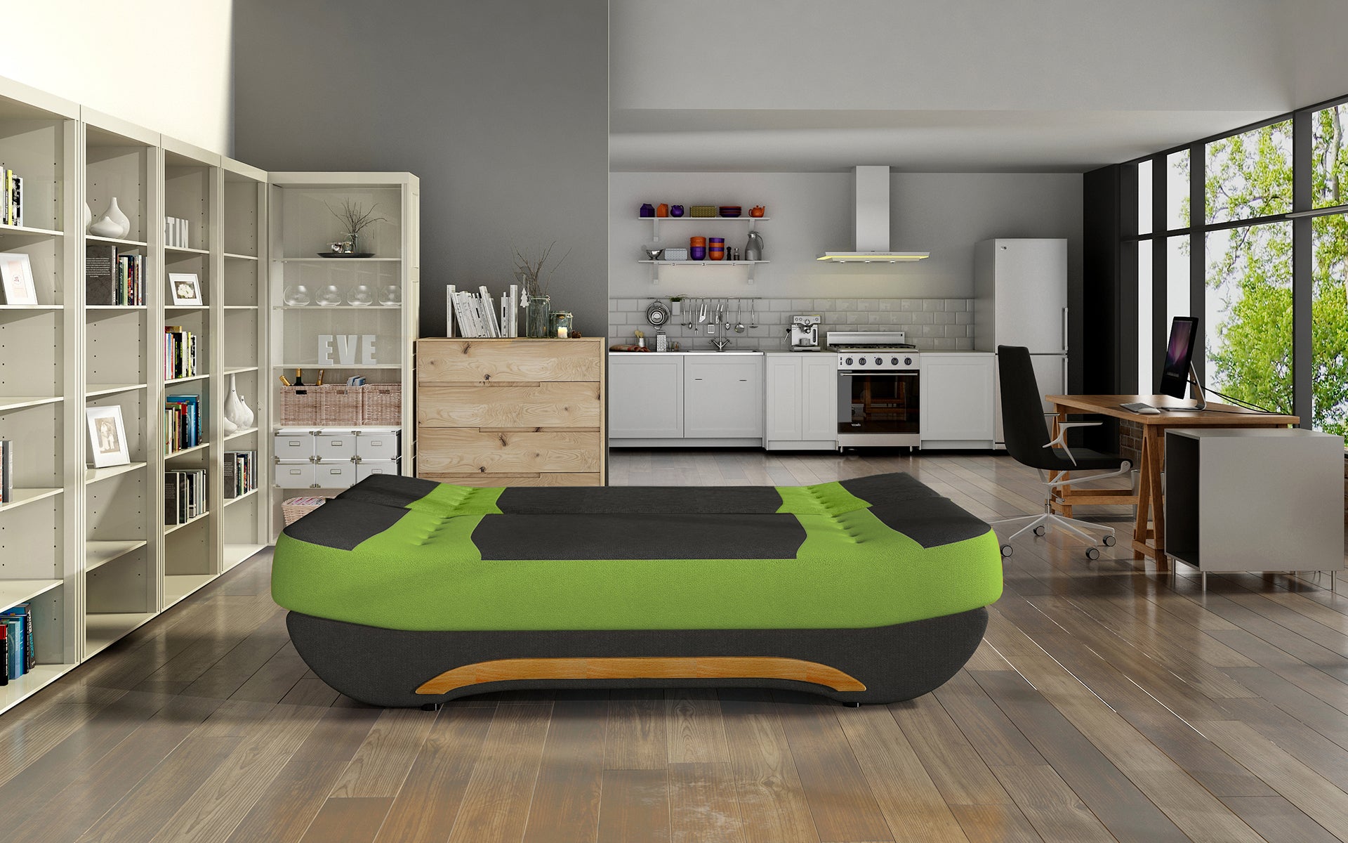 Wersalka Ewa II rozłożona – funkcja spania, tkanina Alova 04 czarna z zielonymi wstawkami Alova 42