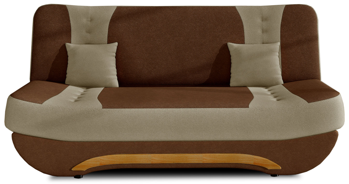 Wersalka Ewa II – ujęcie frontowe, tkanina Alova 12 brązowa z wstawkami Alova 07 beżowymi