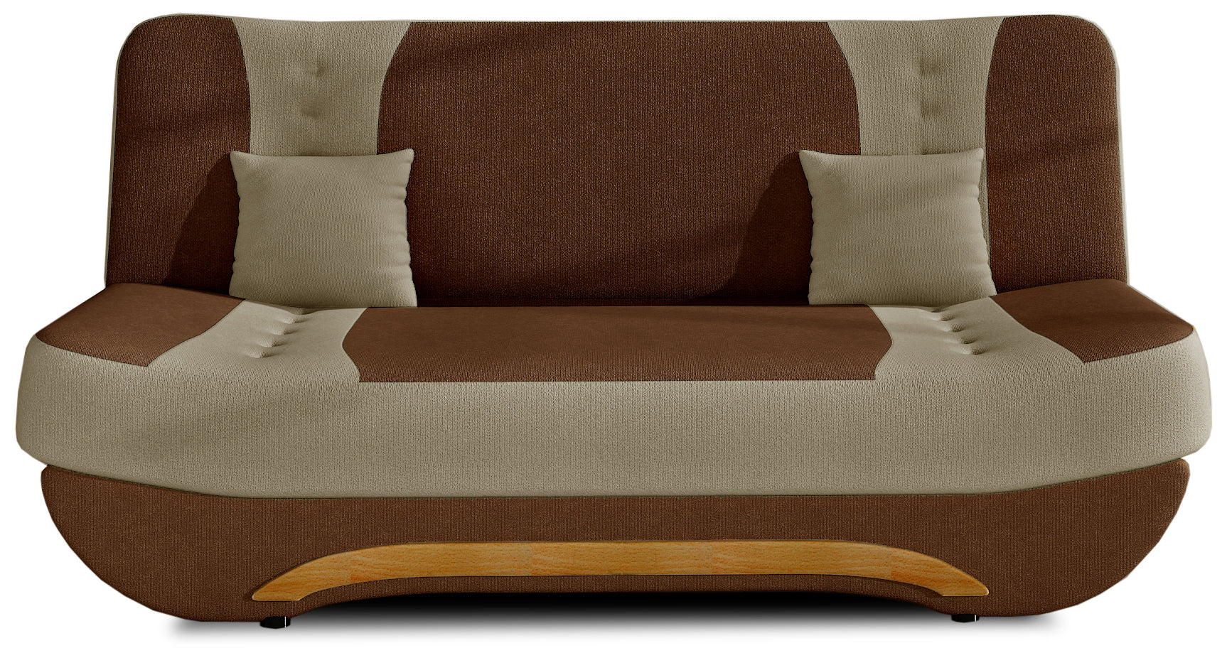 Wersalka Ewa II – ujęcie frontowe, tkanina Alova 12 brązowa z wstawkami Alova 07 beżowymi