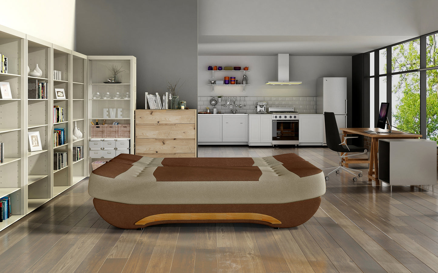 Wersalka Ewa II rozłożona – funkcja spania, tkanina Alova 12 brązowa z beżowymi wstawkami Alova 07