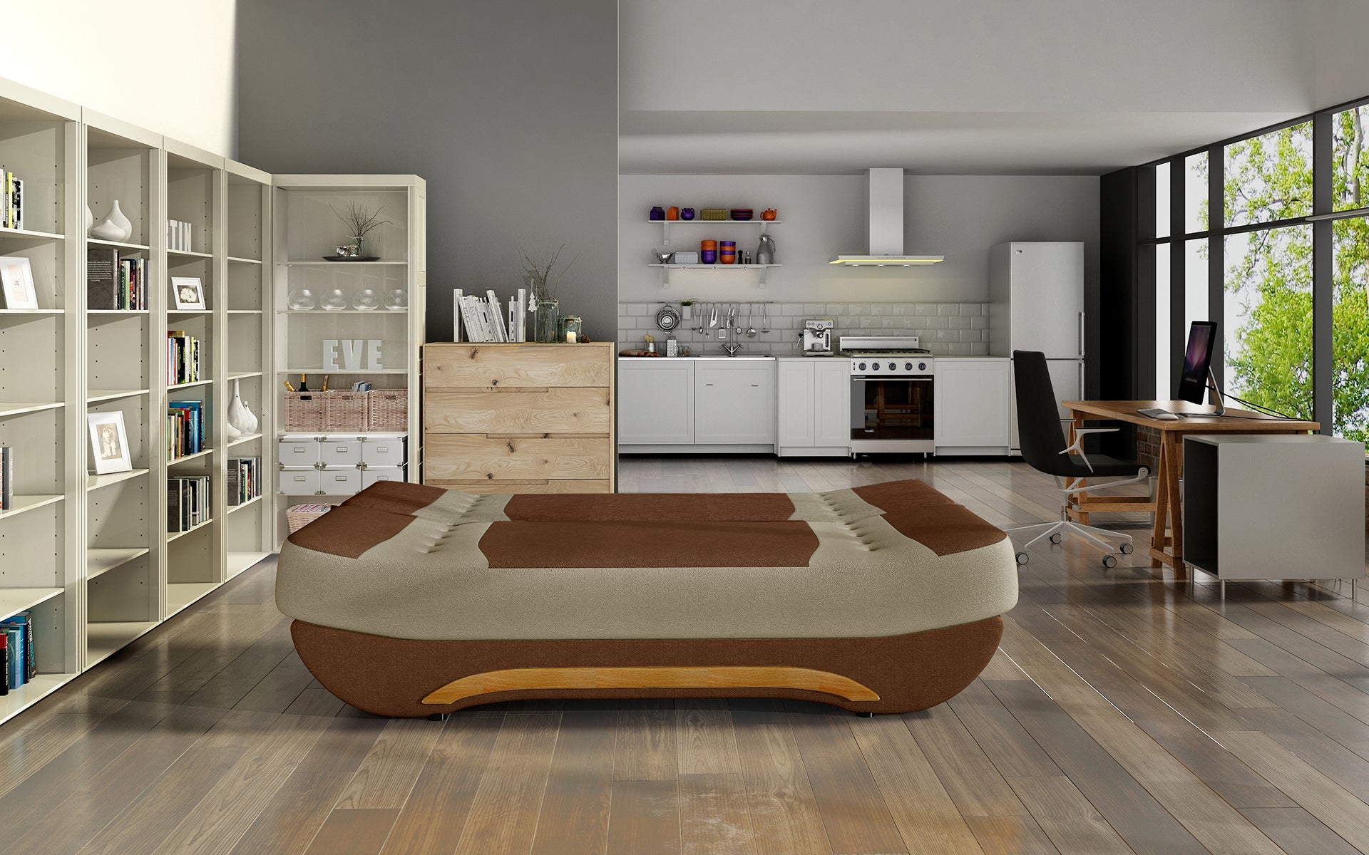 Wersalka Ewa II rozłożona – funkcja spania, tkanina Alova 12 brązowa z beżowymi wstawkami Alova 07