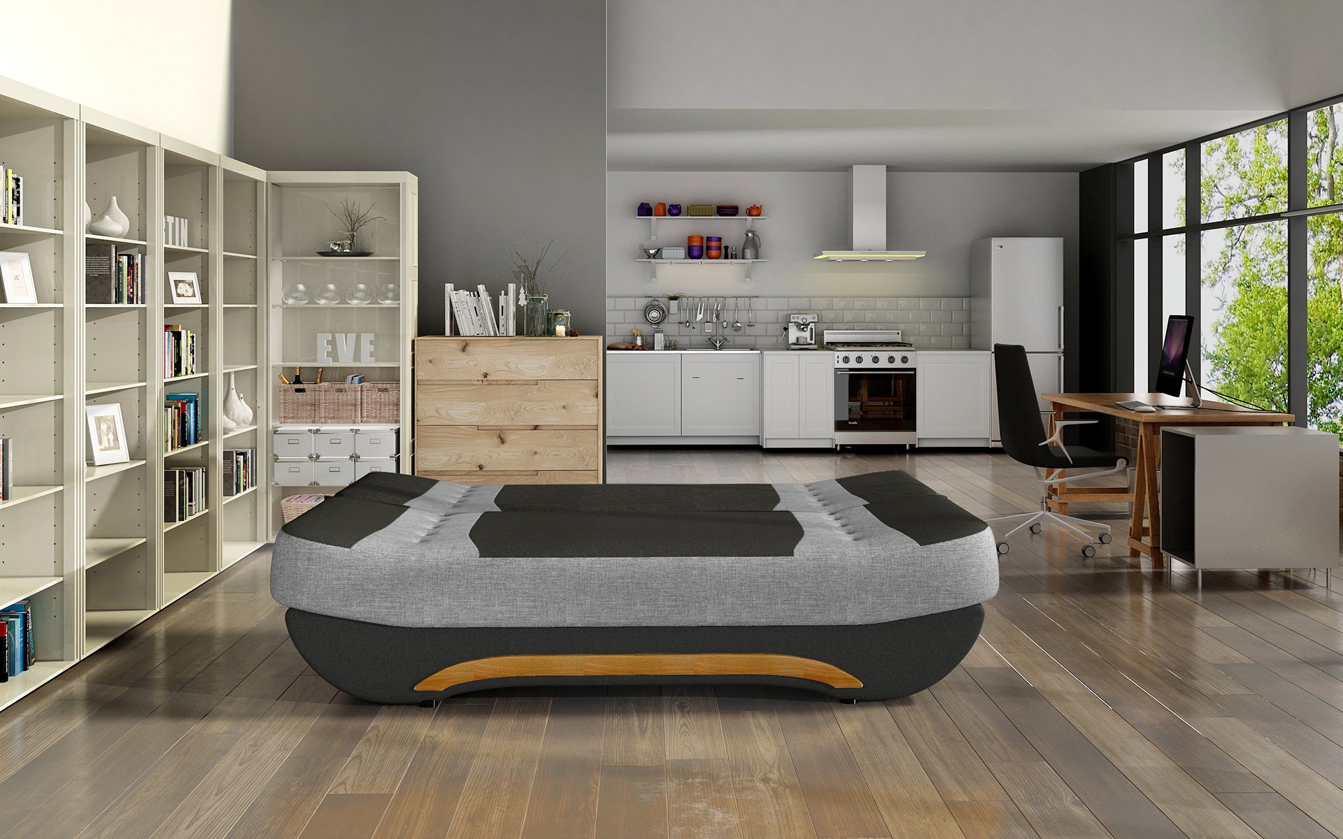 Wersalka Ewa II rozłożona – funkcja spania, Sawana 14 czarny / Sawana 21 szary