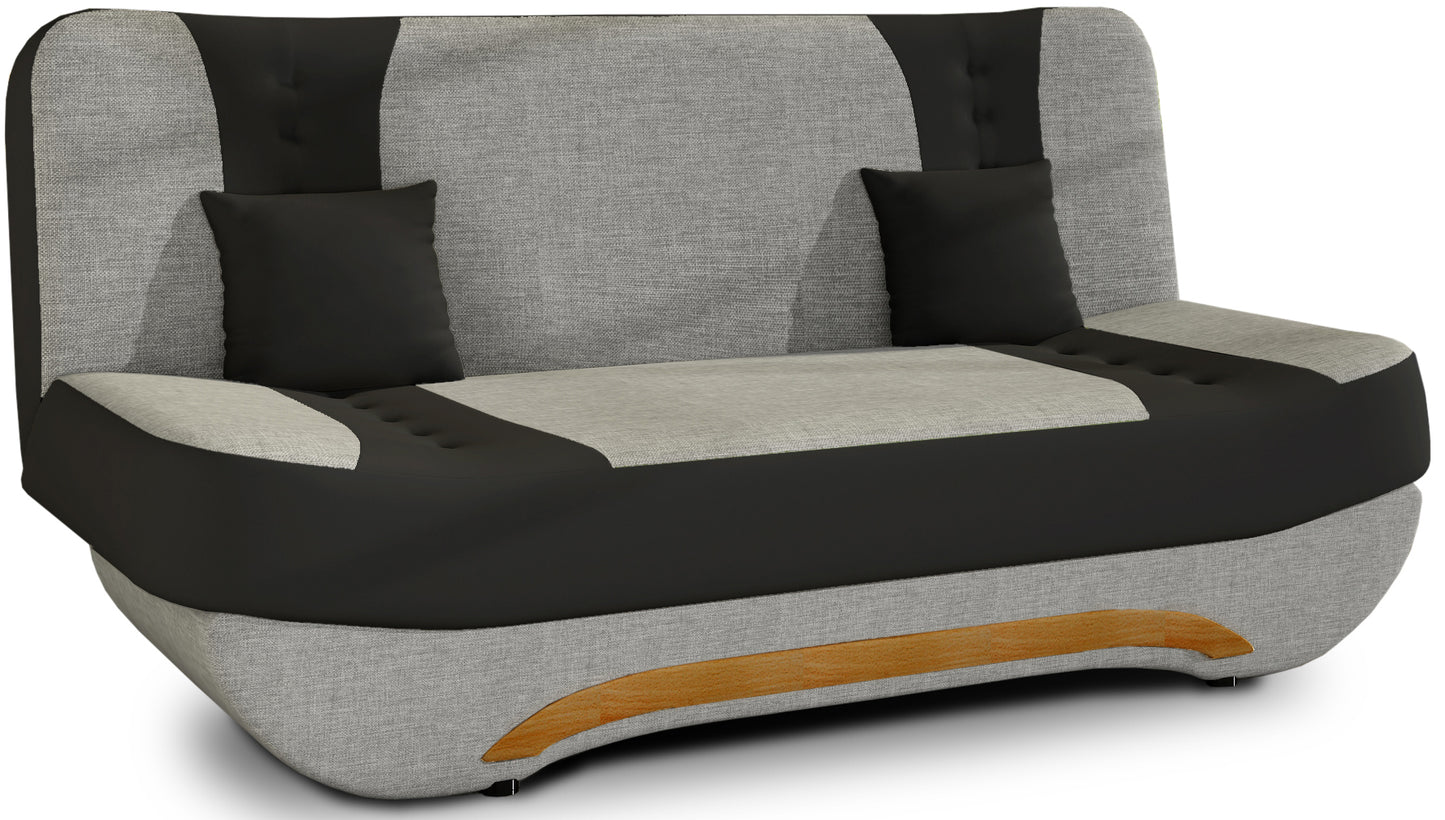 Wersalka Ewa II – front, zbliżenie tapicerki Sawana 21 szary i Soft 11 czarny z drewnianą listwą