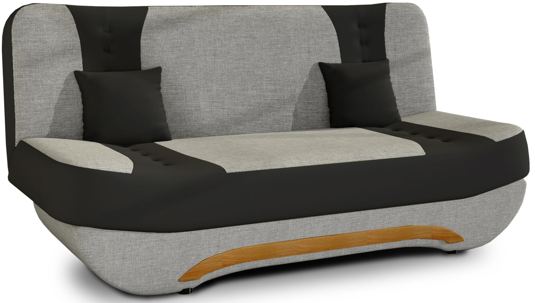 Wersalka Ewa II – front, zbliżenie tapicerki Sawana 21 szary i Soft 11 czarny z drewnianą listwą