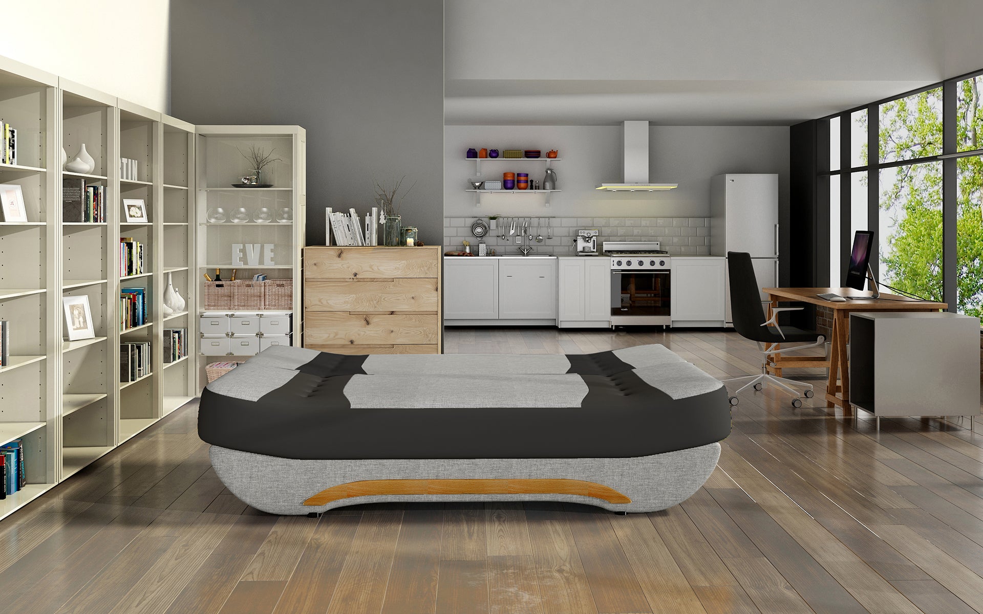 Wersalka Ewa II – rozłożona funkcja spania, Sawana 21 szary / Soft 11 czarny