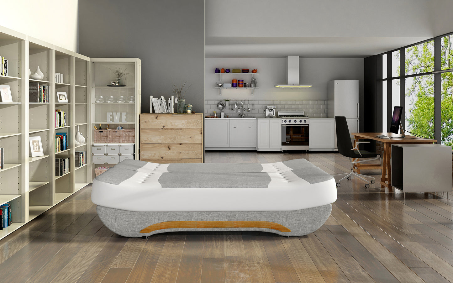 Wersalka Ewa II rozłożona – funkcja spania, tkanina Sawana 21 szary z wstawkami Soft 17 biały