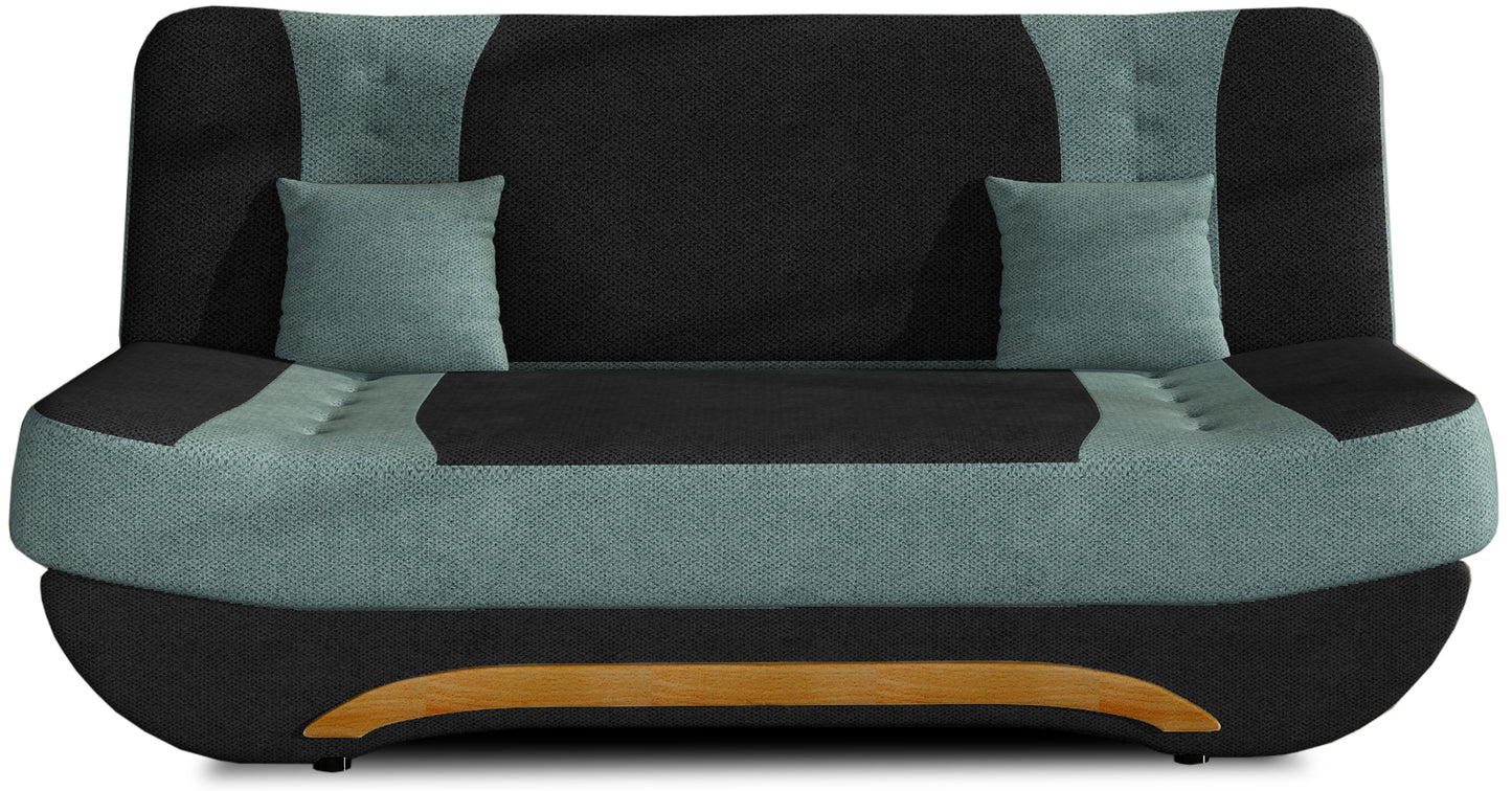 Wersalka Ewa II – widok z przodu, Soro 100 czarny z wstawkami Soro 34 jasnozielony