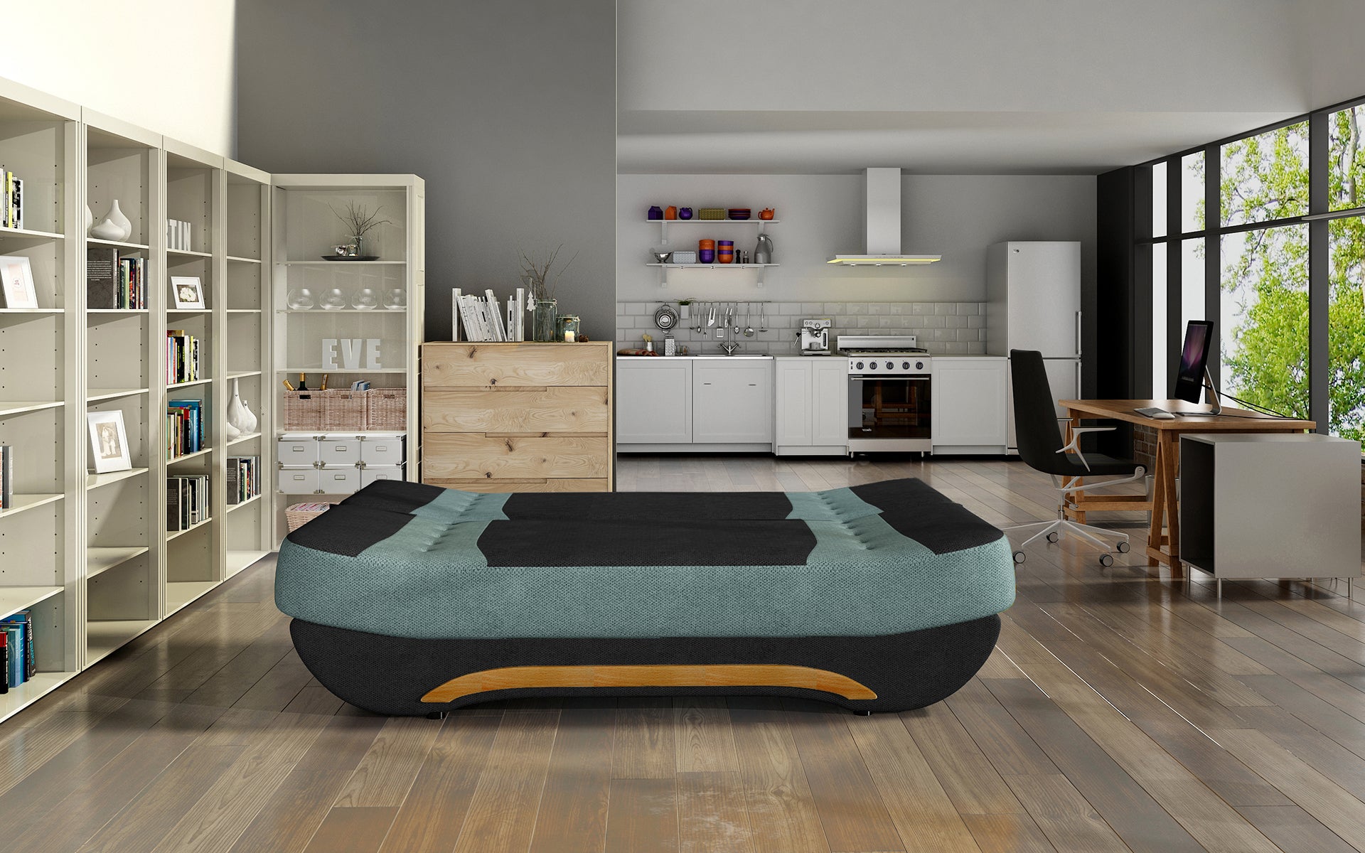 Wersalka Ewa II rozłożona – funkcja spania, Soro 100 czarny / Soro 34 jasnozielony, aranzacja