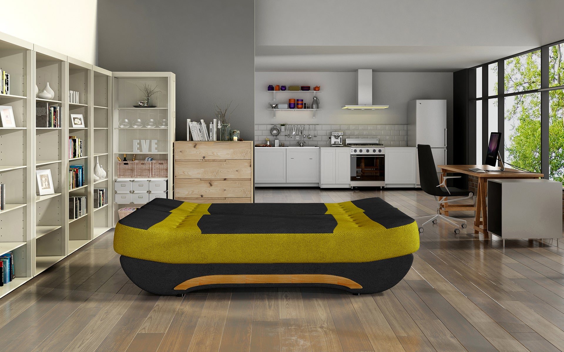 Wersalka Ewa II – aranżacja, widok pod skosem, czarny z żółtymi akcentami