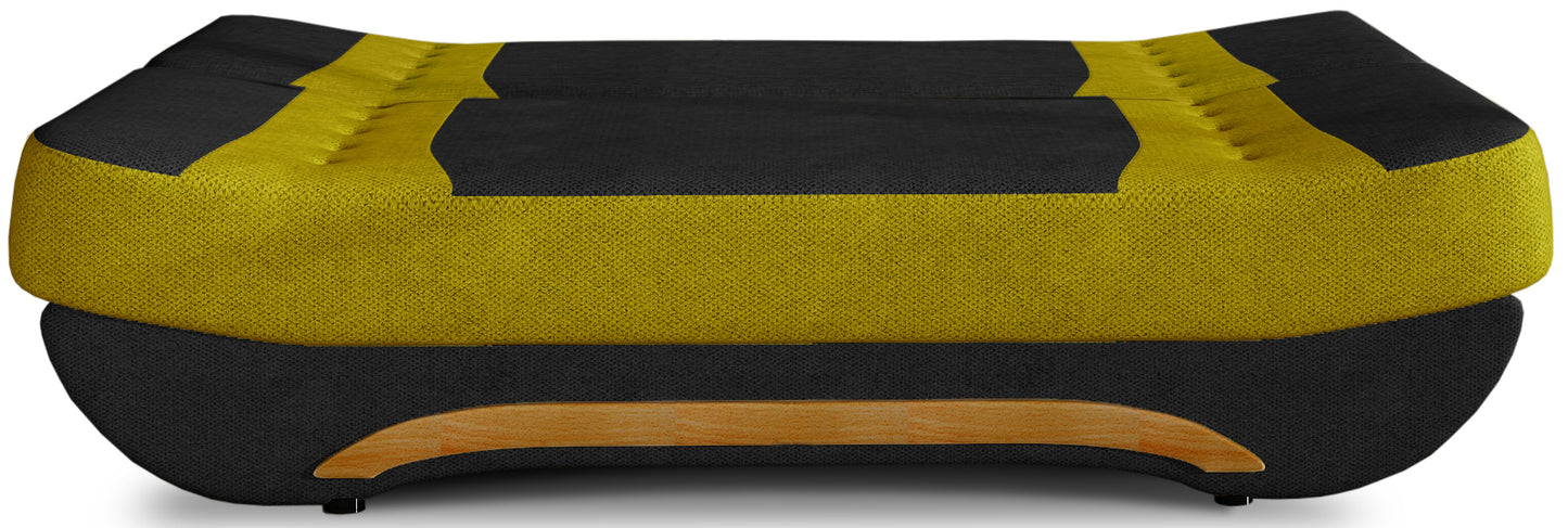 Wersalka Ewa II rozłożona – funkcja spania, tkanina Soro 100 czarny i Soro 40 żółty