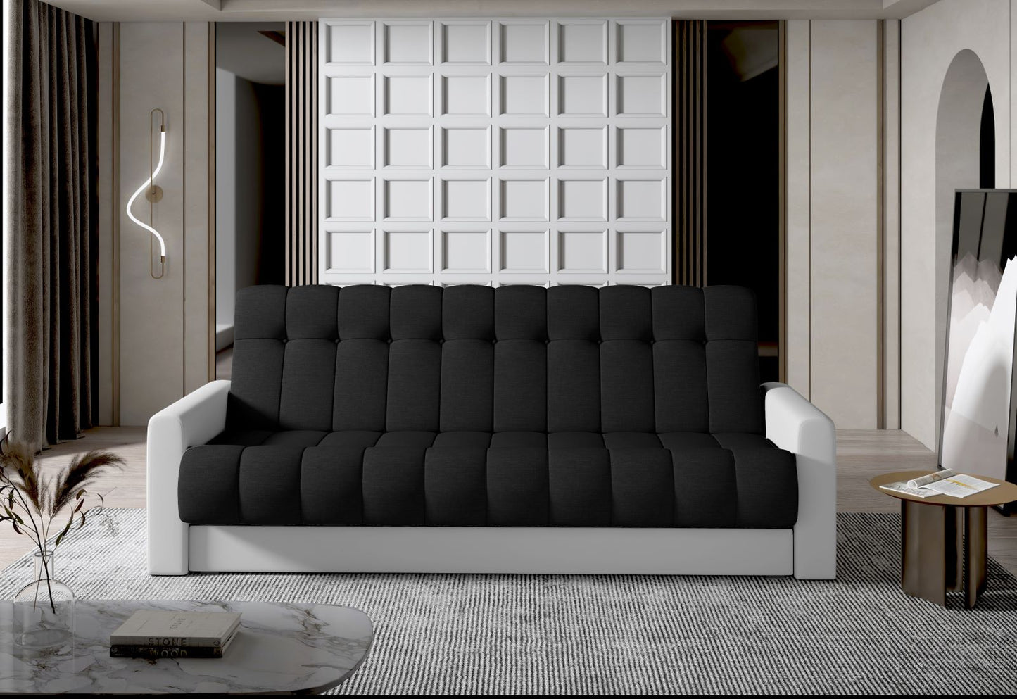 Wersalka Garett – ujęcie 3/4 z lewej, czarna Sawana 14 i białe Soft 17