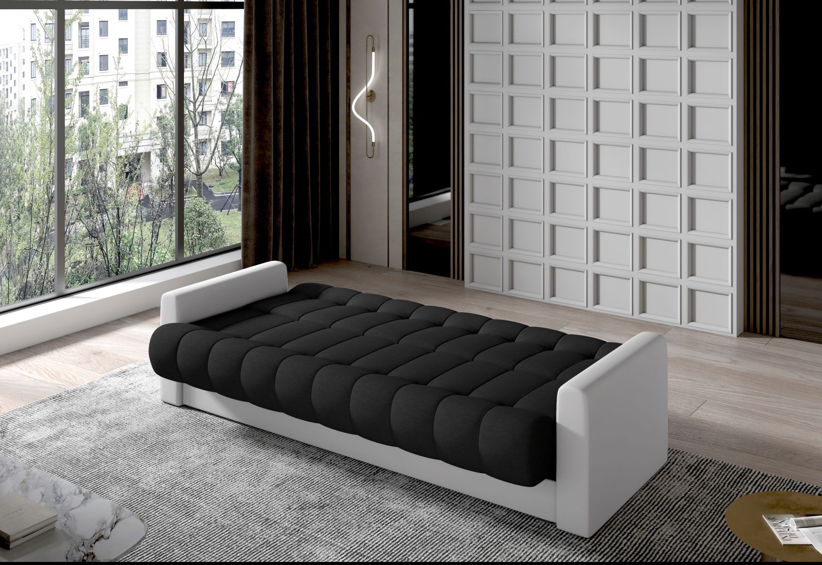 Nowoczesna aranżacja z wersalką Garett – Sawana 14 czarny i Soft 17 biały