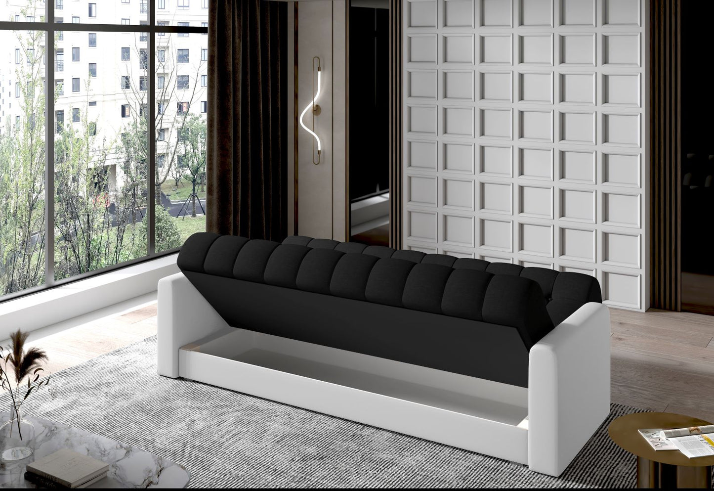 Garett – detal pikowanego oparcia, czarna Sawana 14 i białe Soft 17