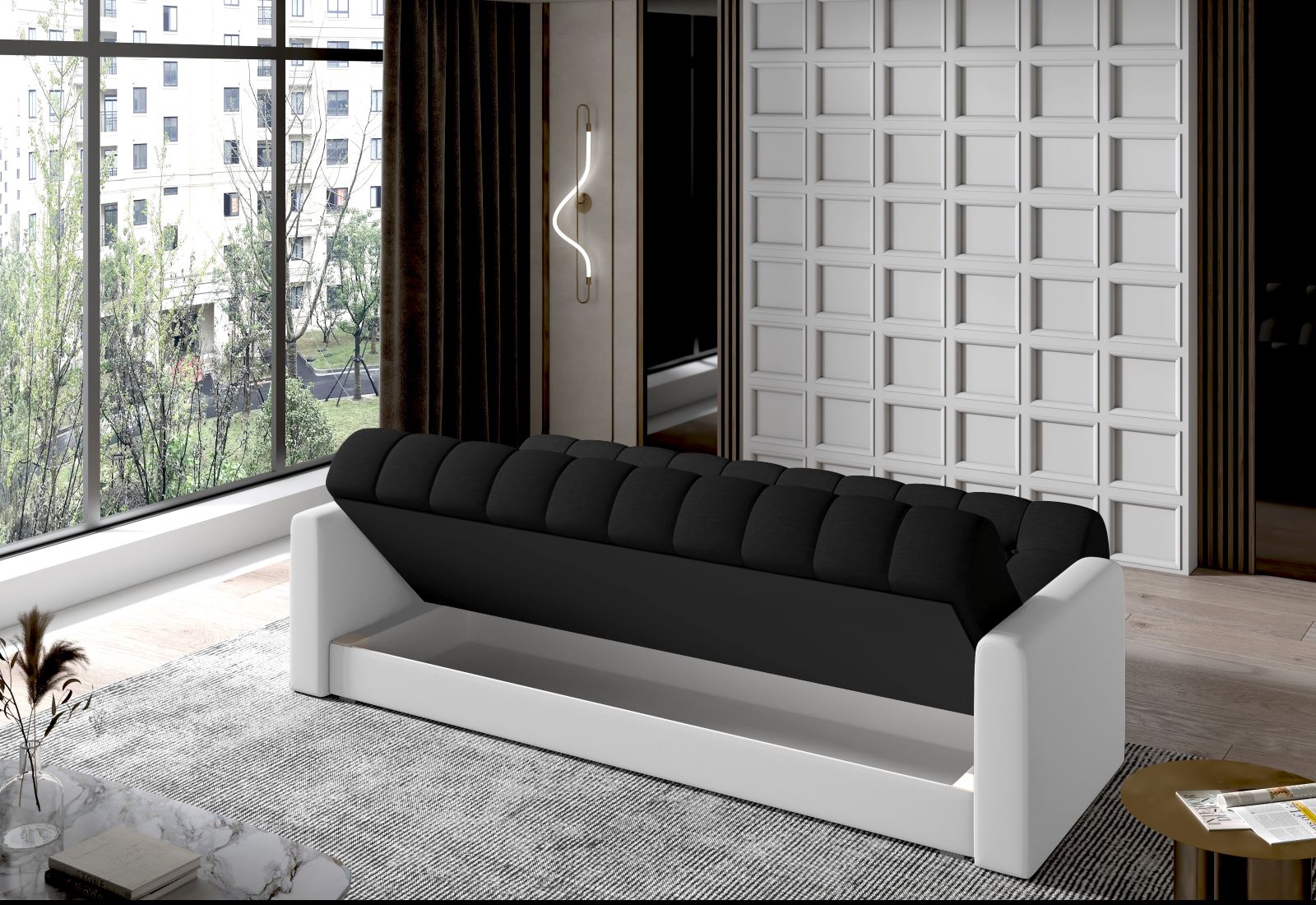 Garett – detal pikowanego oparcia, czarna Sawana 14 i białe Soft 17