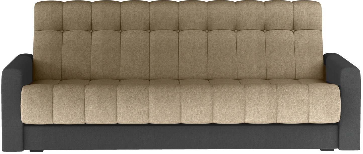 Wersalka Garett, widok z przodu — Monolith 09 jasnobrązowy, boki Monolith 97 ciemnoszary, pikowane oparcie