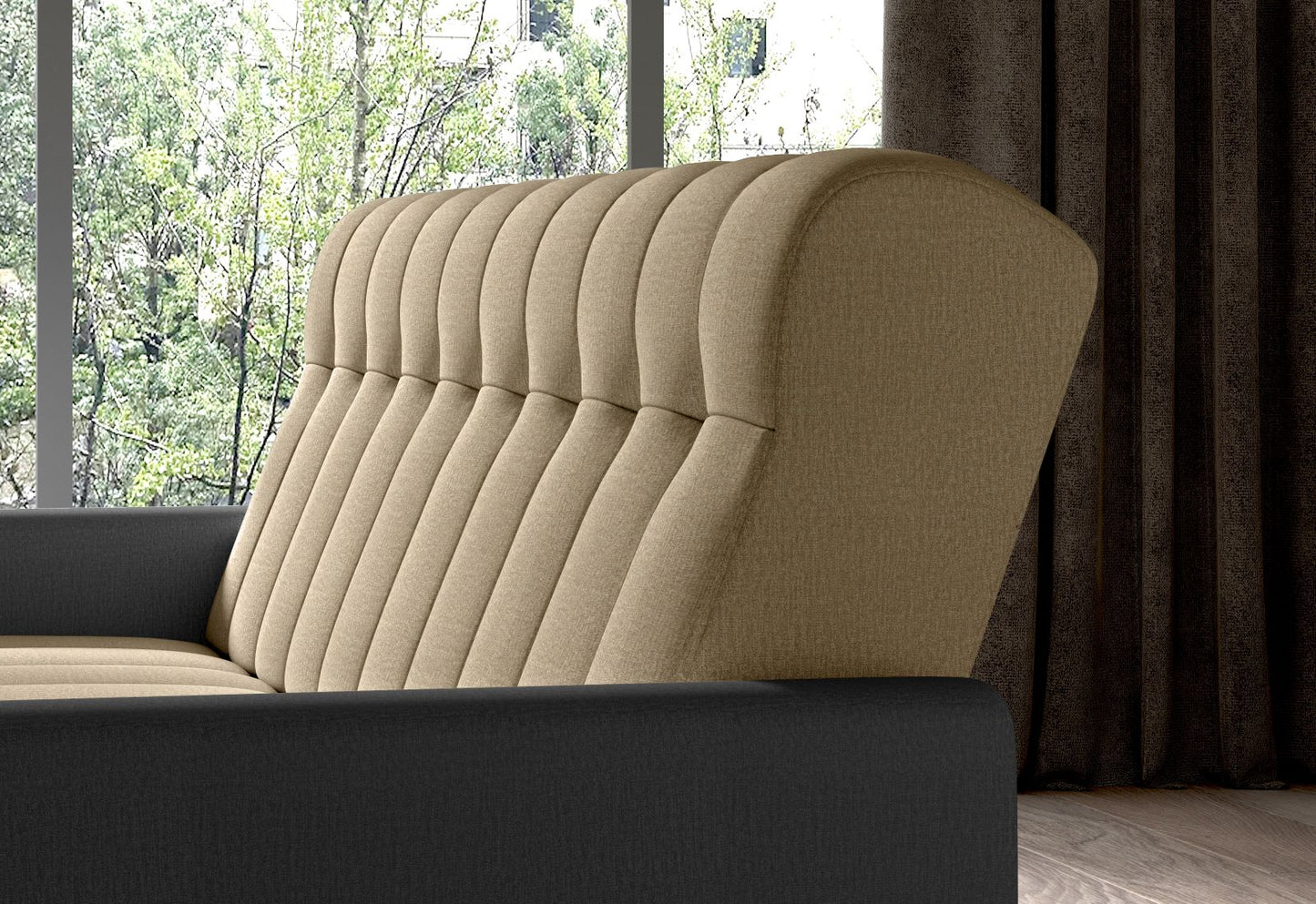 Wersalka Garett, widok od tyłu pod kątem w aranżacji — jasnobrązowa tapicerka i ciemnoszare wykończenie boków