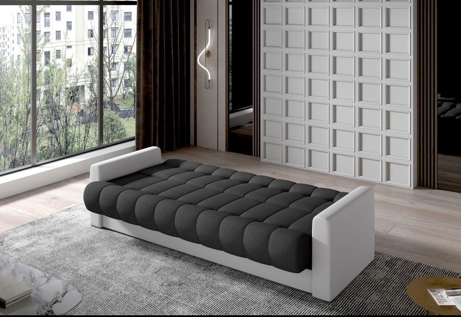 Wersalka Garett rozłożona – funkcja spania klik-klak, wariant ciemnoszary z białymi bokami