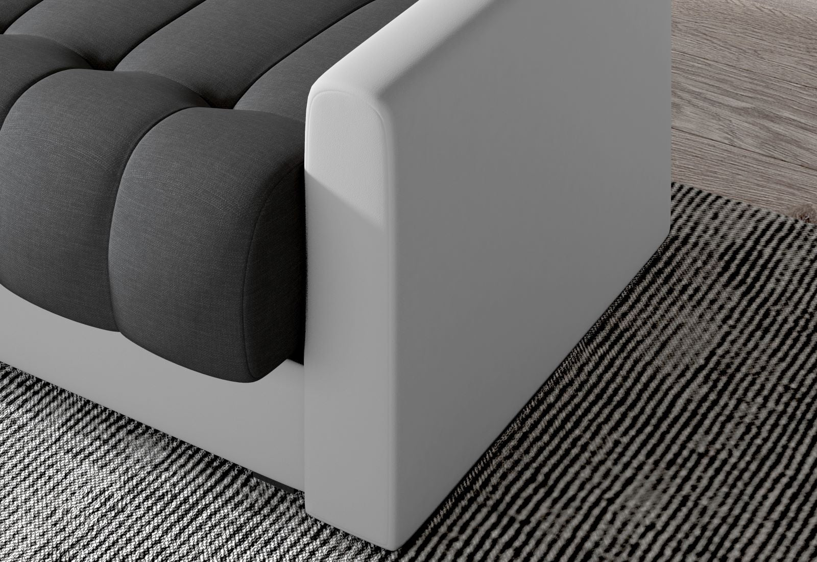 Detal boku i podłokietnika – kontrast ciemnoszarej Sawany 05 i białej Soft 17