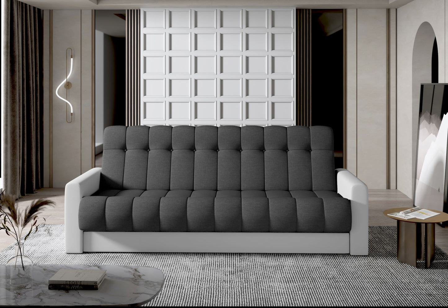 Wersalka Garett – ujęcie pod skosem, ciemnoszara Sawana 05 i białe boki Soft 17