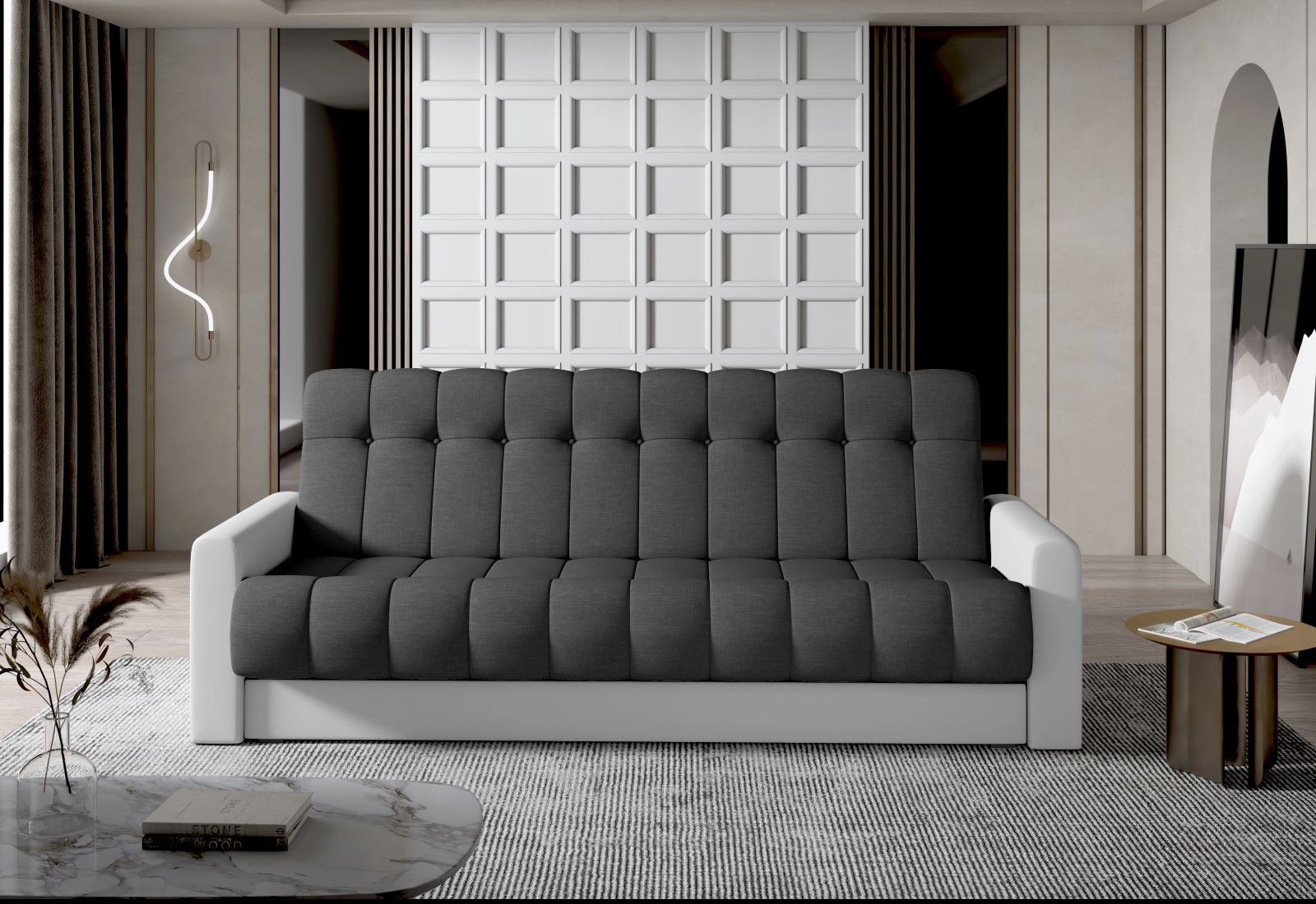 Wersalka Garett – ujęcie pod skosem, ciemnoszara Sawana 05 i białe boki Soft 17