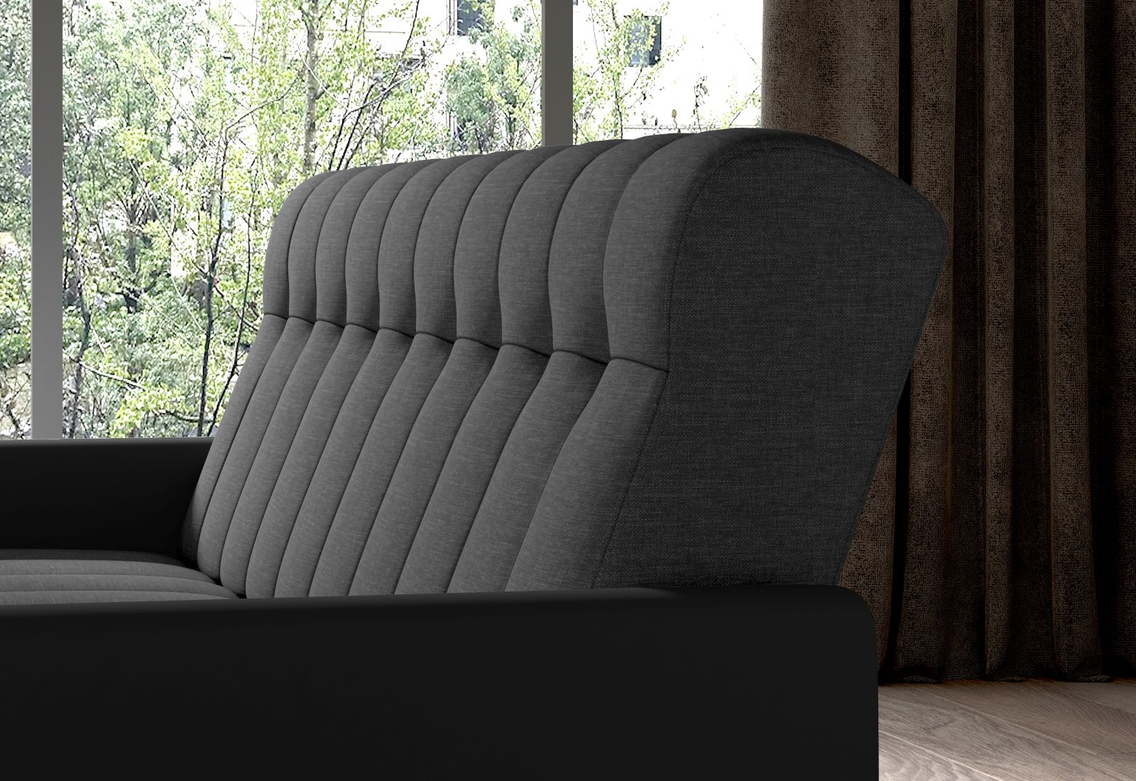 Wersalka Garett – detal przeszyć i faktury tkaniny na siedzisku i oparciu