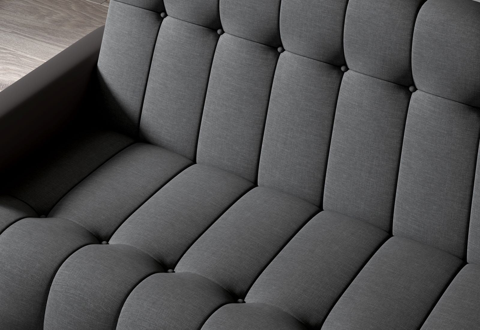 Garett – detal bocznej krawędzi i przeszyć, tkanina Sawana 21