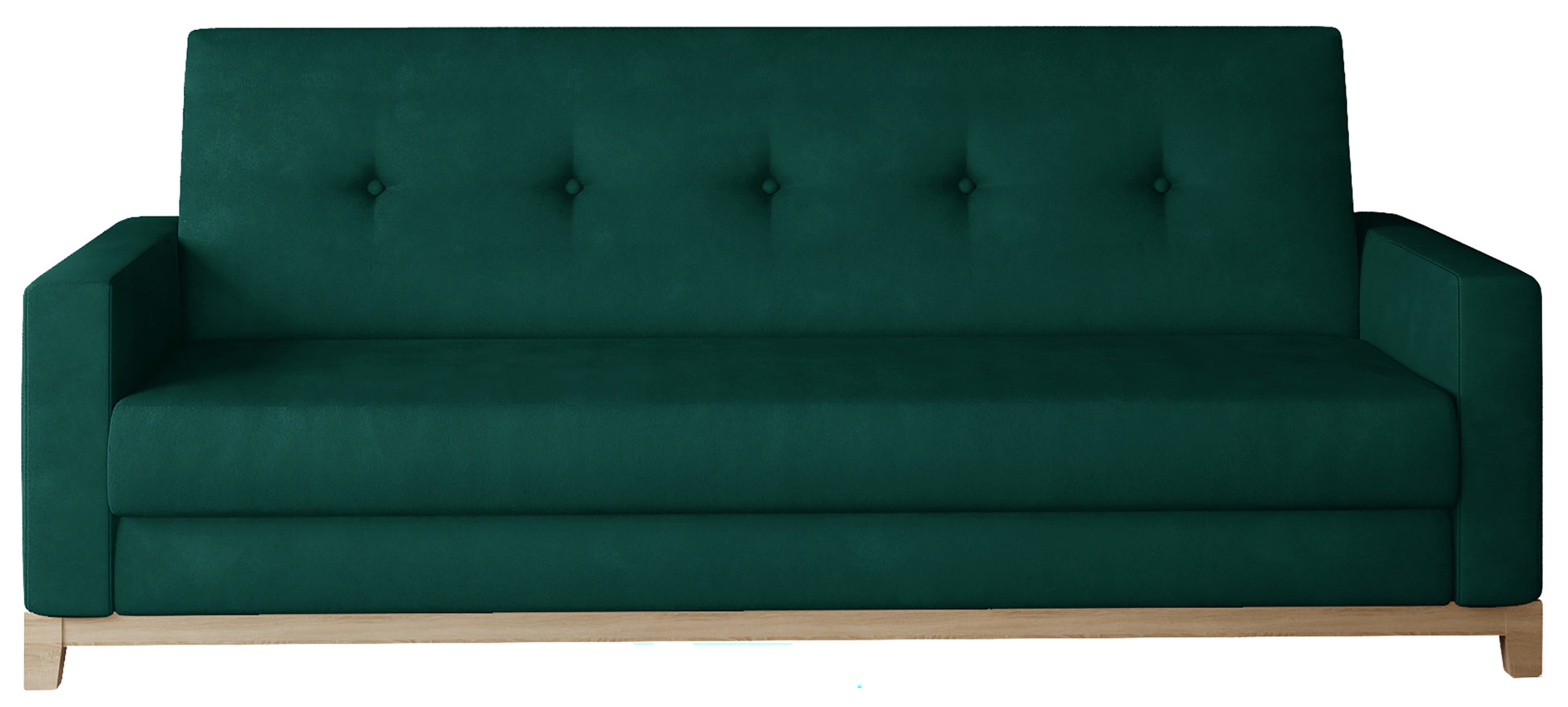 Wersalka Selene w kolorze Monolith 37 zielony z drewnianymi nóżkami w odcieniu buk, o nowoczesnym designie z prostymi liniami.